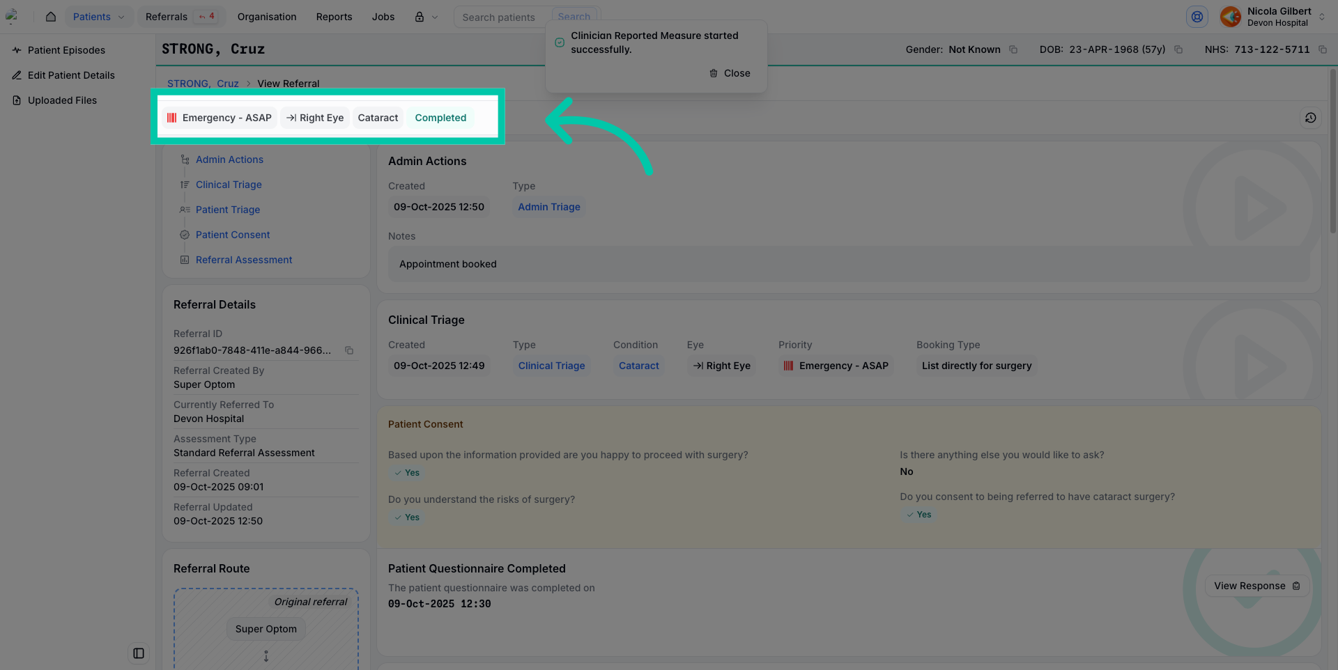 Referral list showing referral marked as ‘Triage Complete’ after admin tasks done