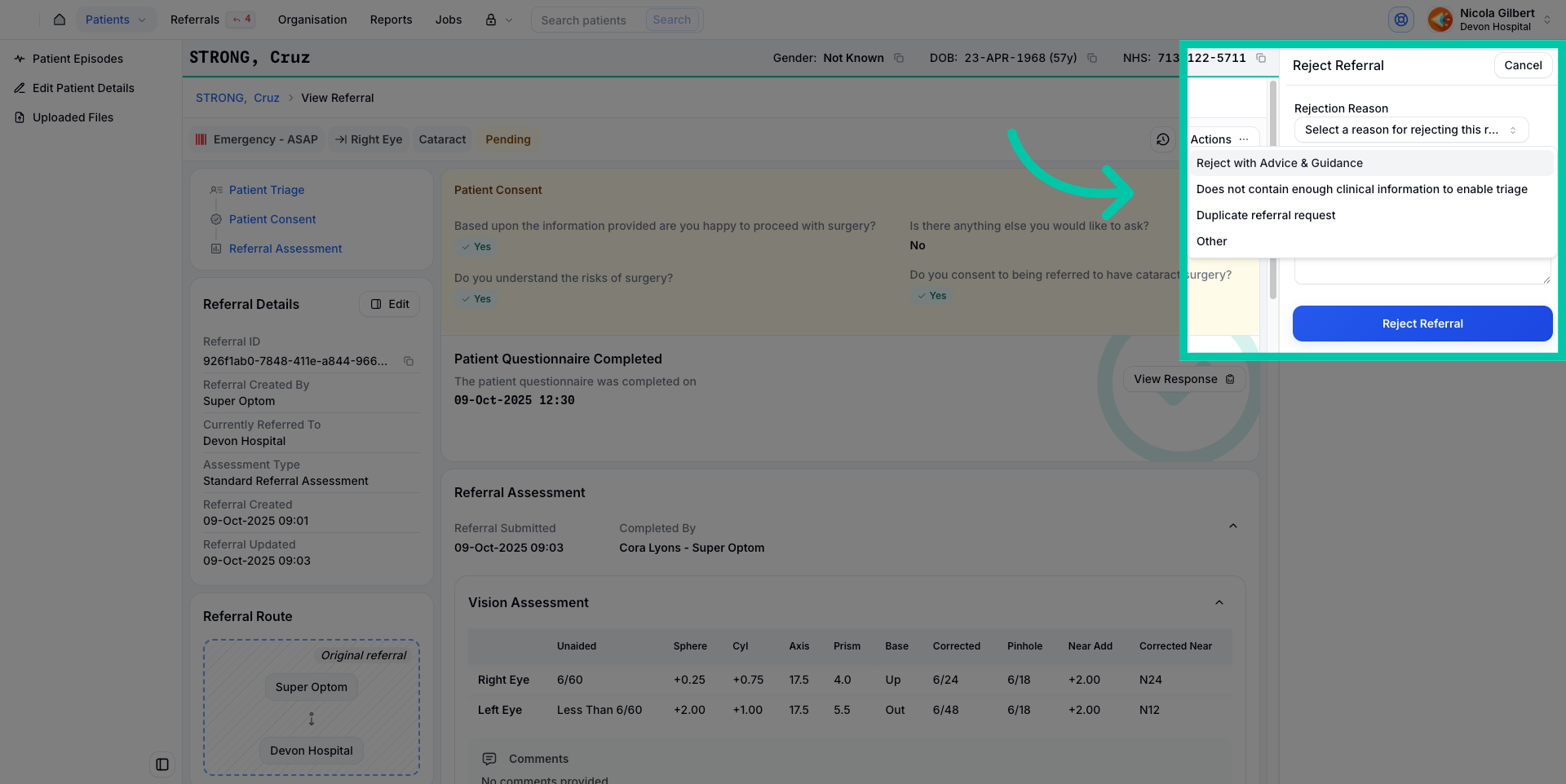 Dialog to select reason and comment when rejecting a referral
