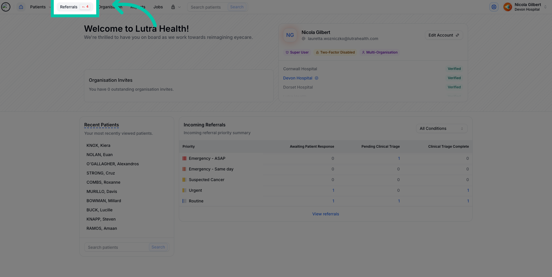 Referrals menu showing a pending inbound referrals count and link to list view