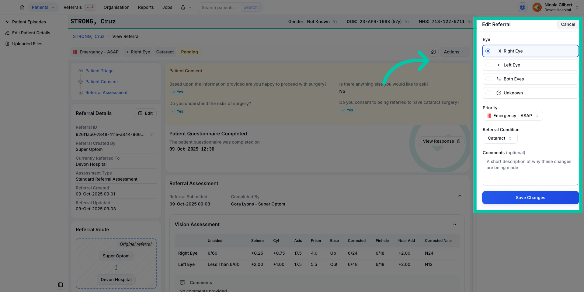 Option to edit referral details including condition, eye, and priority