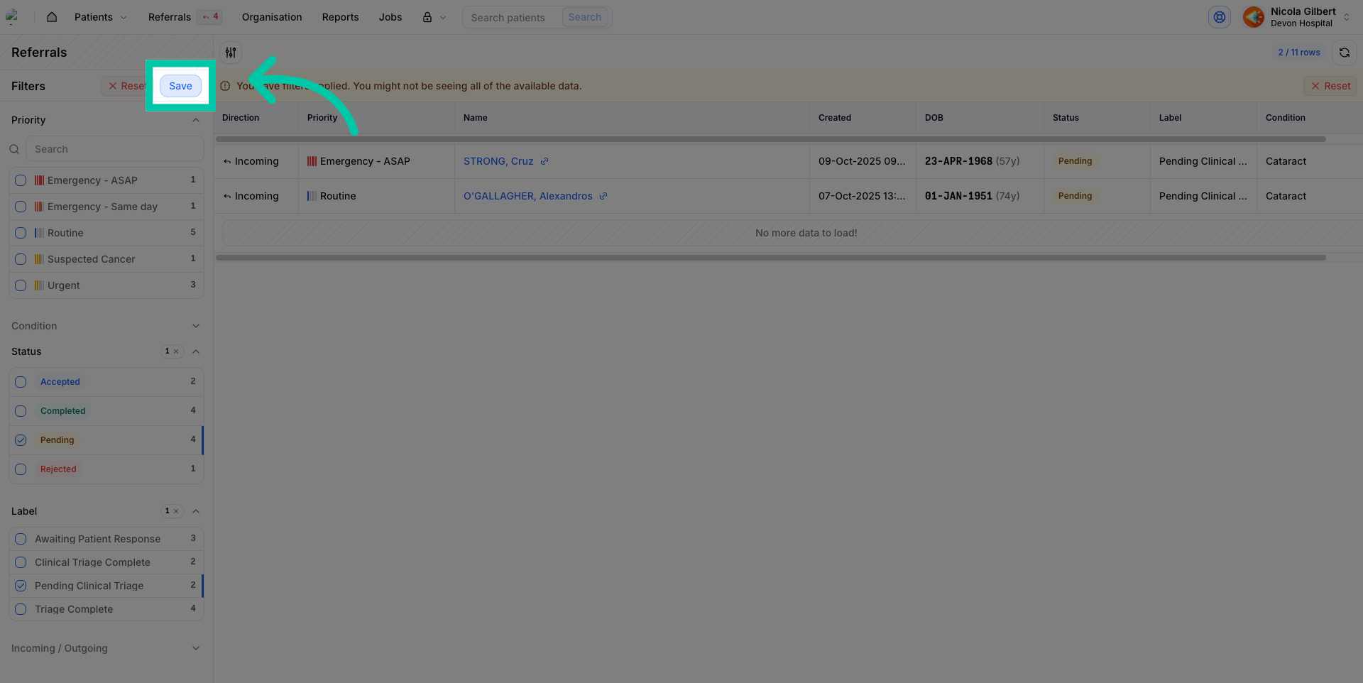 Button to save the currently applied referral filters as default