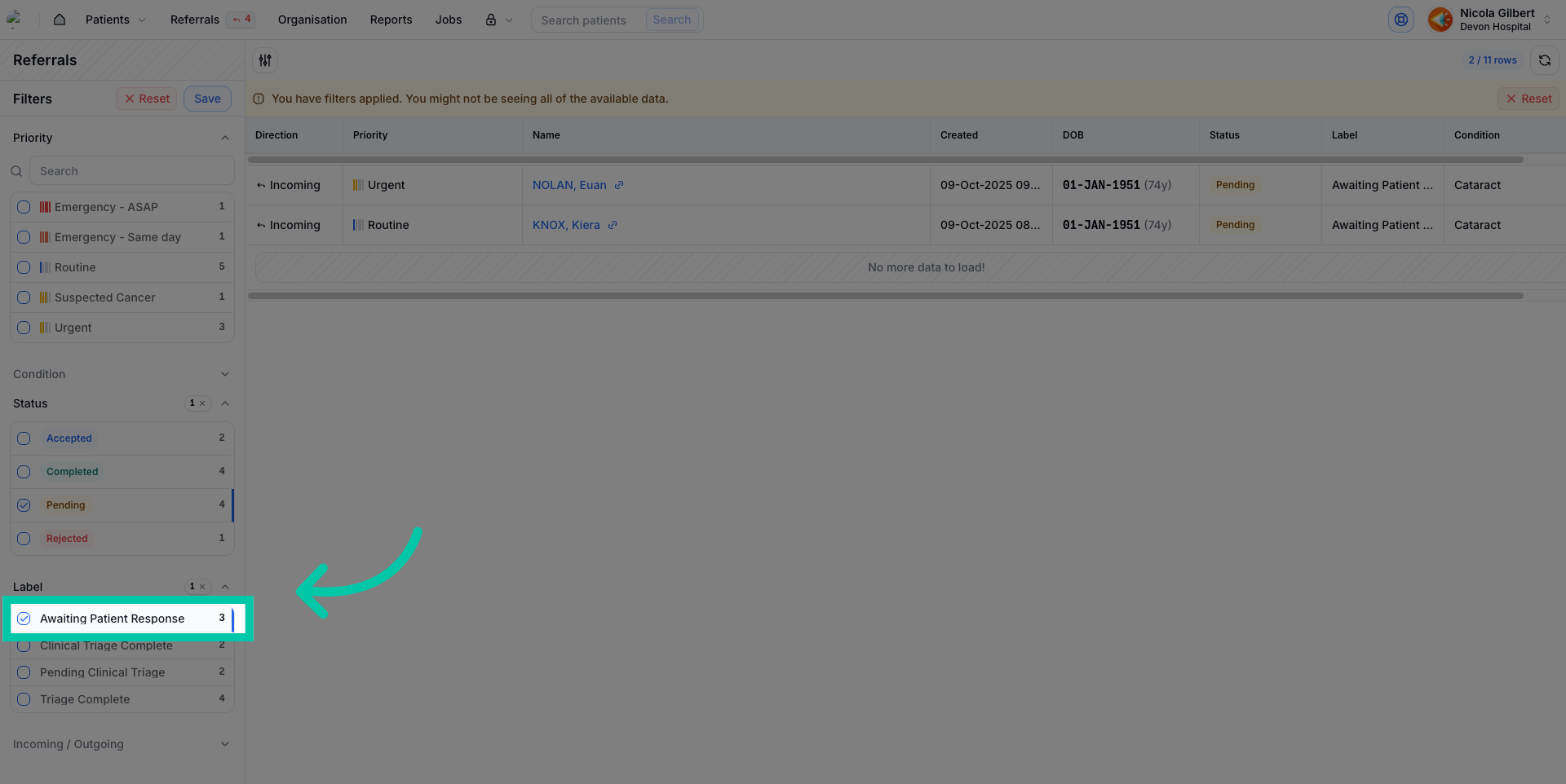 Referral marked ‘Awaiting Patient Response’ indicating patient questionnaire pending