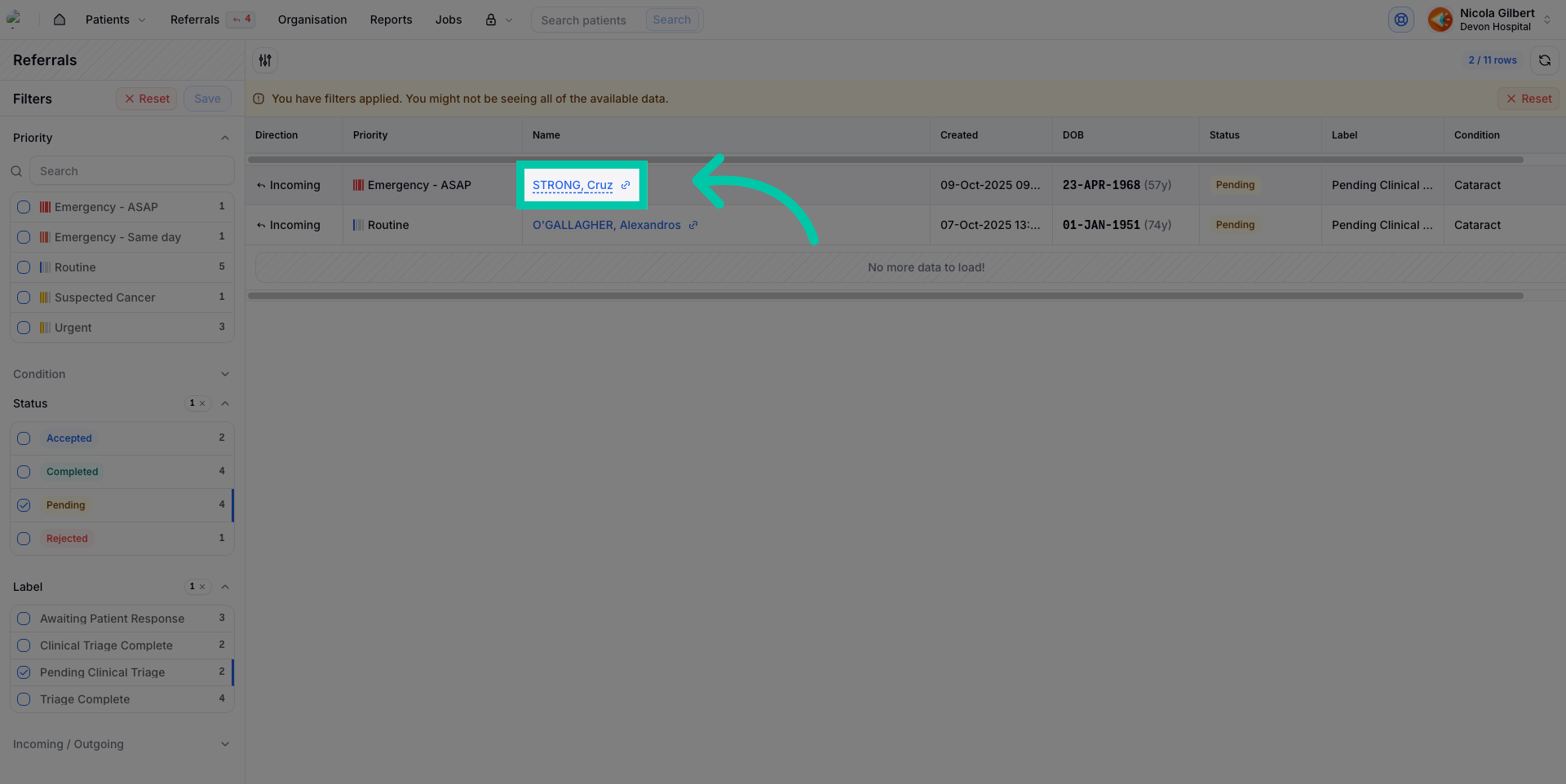 Click on patient name to open detailed referral view