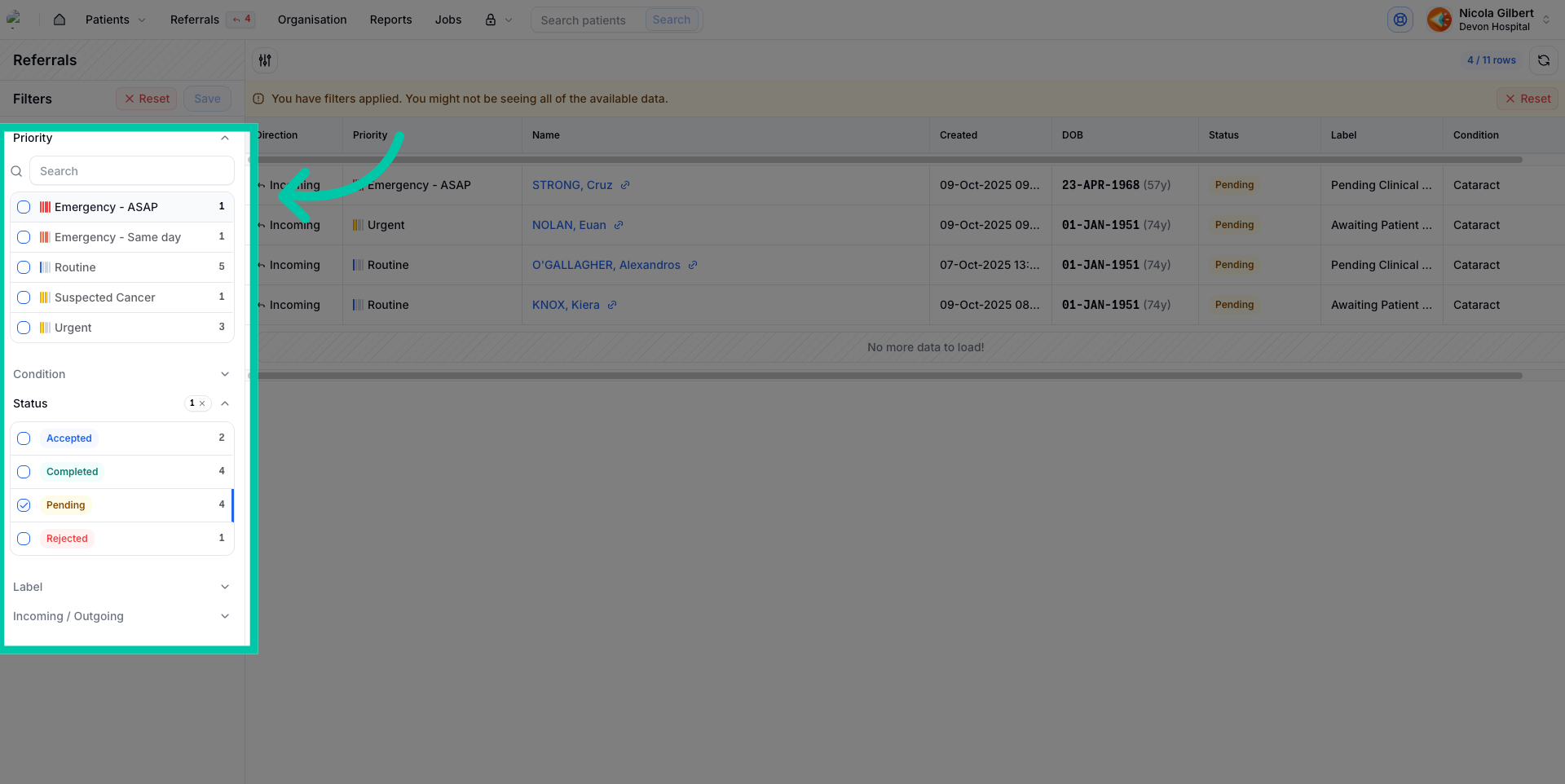 Referral list with filter options by priority, condition, and status