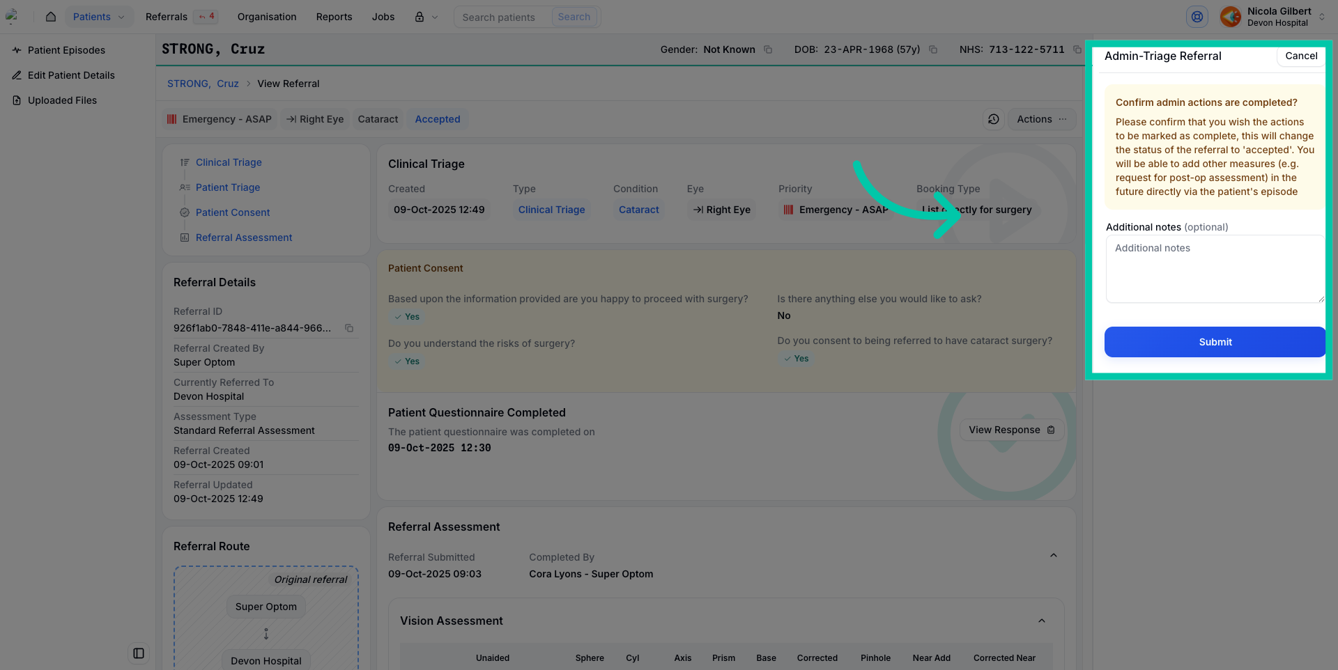 Button or screen to complete remaining admin tasks for triage and optionally add note
