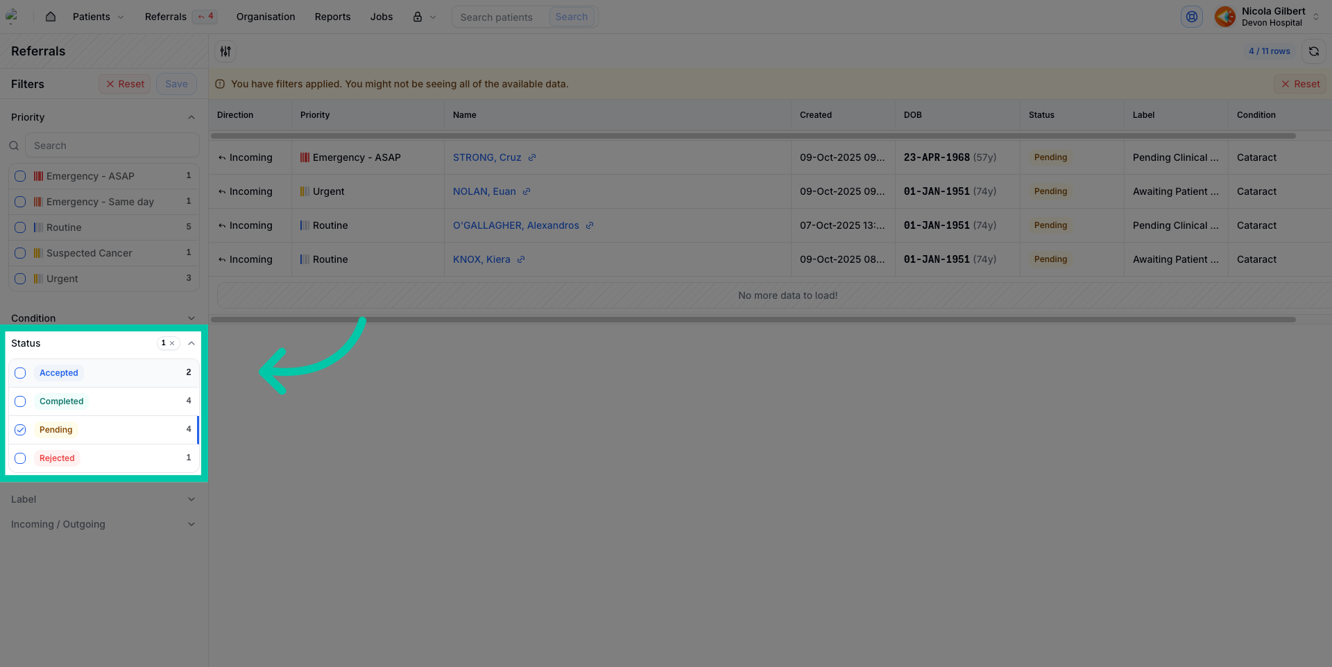 Dropdown showing different referral status options including Pending, Accepted, Completed