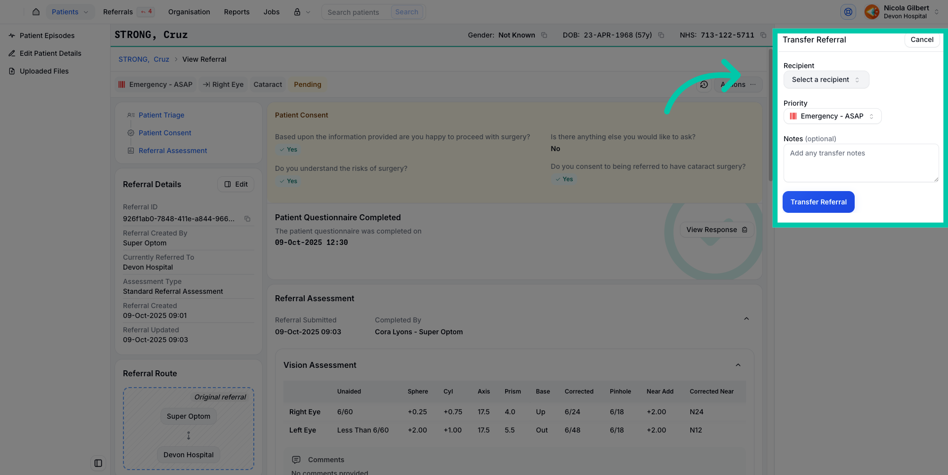 Screen showing how to transfer a referral to another organisation with comments