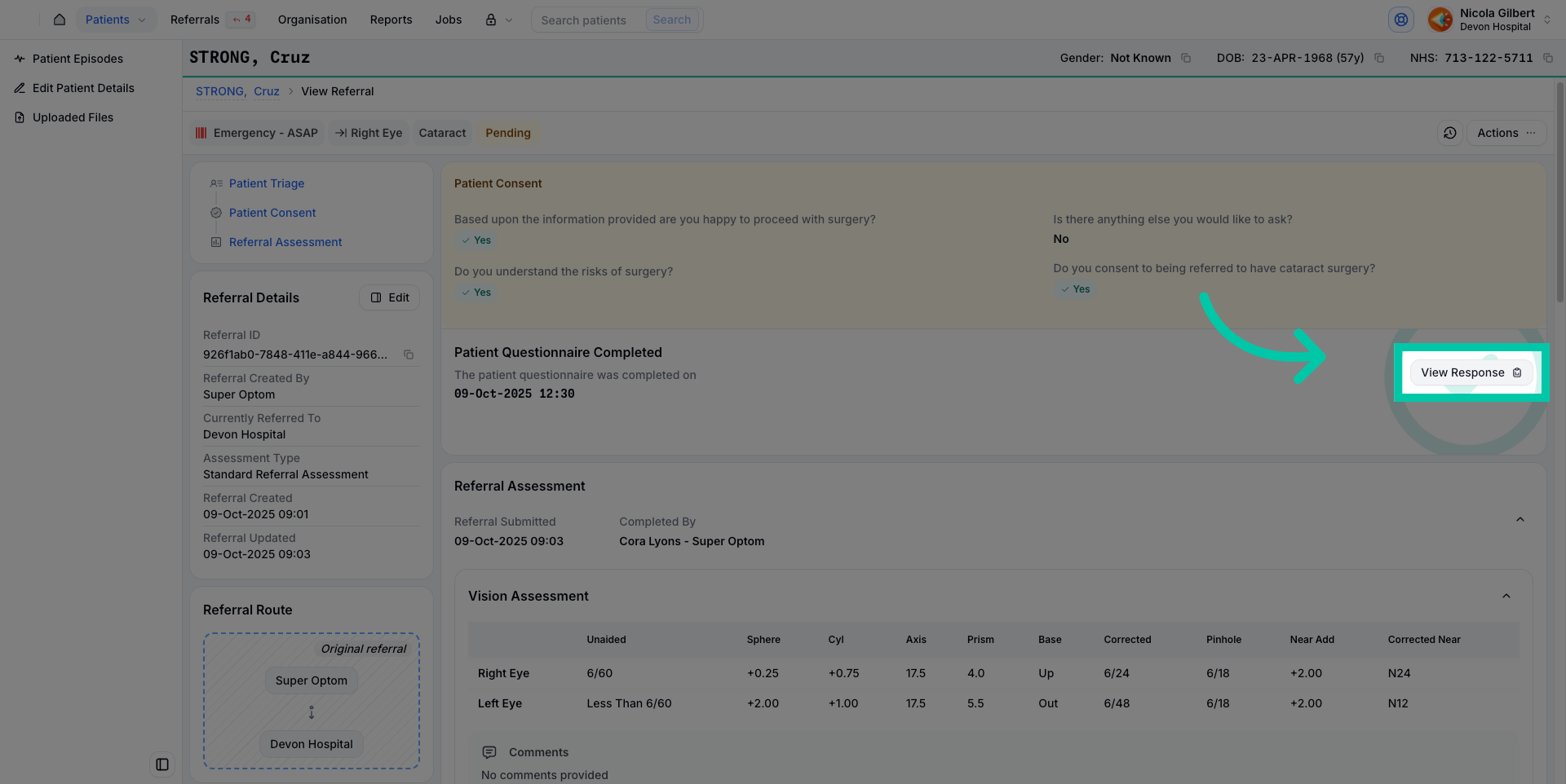 Referral panel showing where to view patient questionnaire responses
