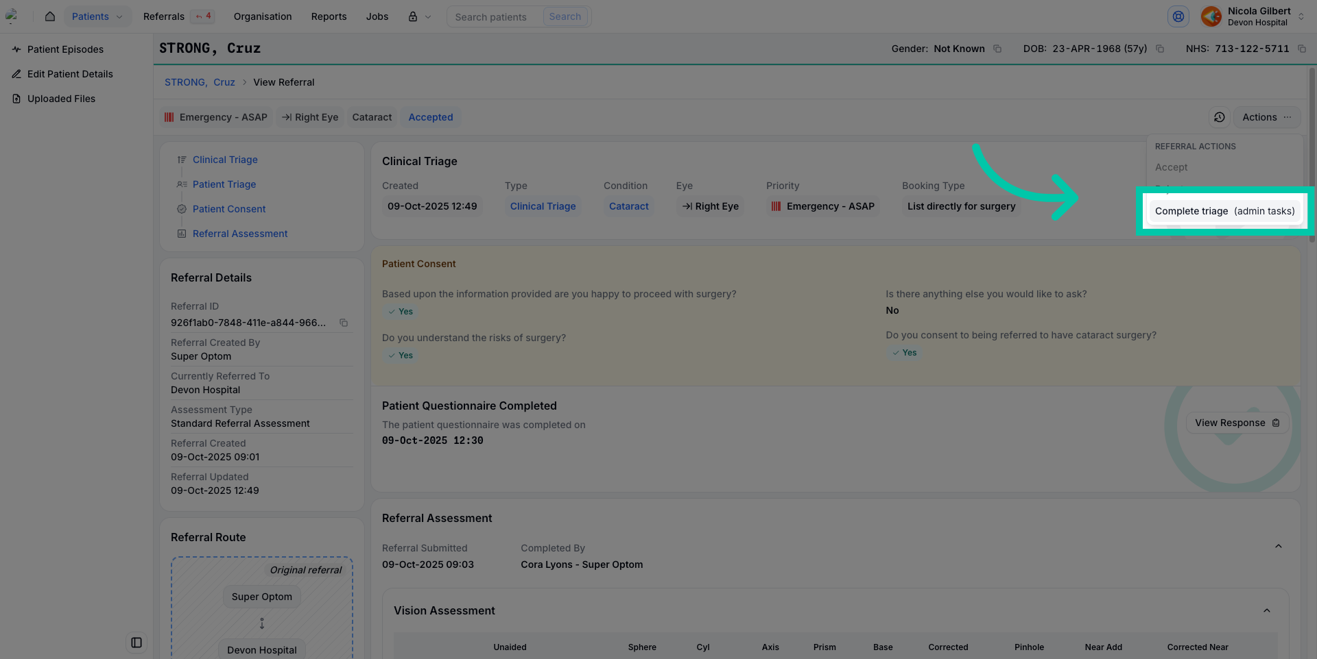 Referral showing status ‘Accepted’ with admin actions like booking needed