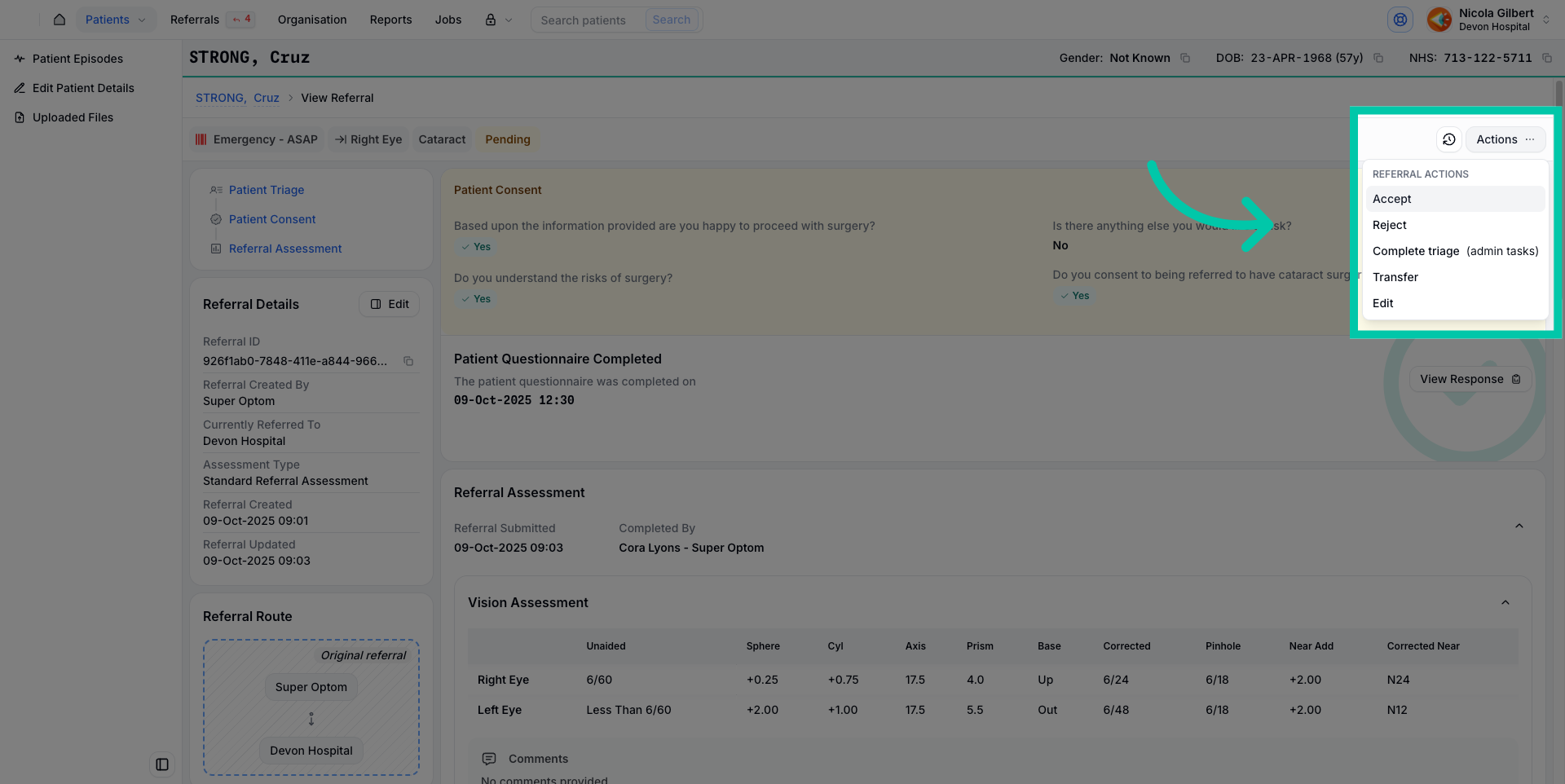 Actions menu showing options to accept, reject, transfer, or edit the referral