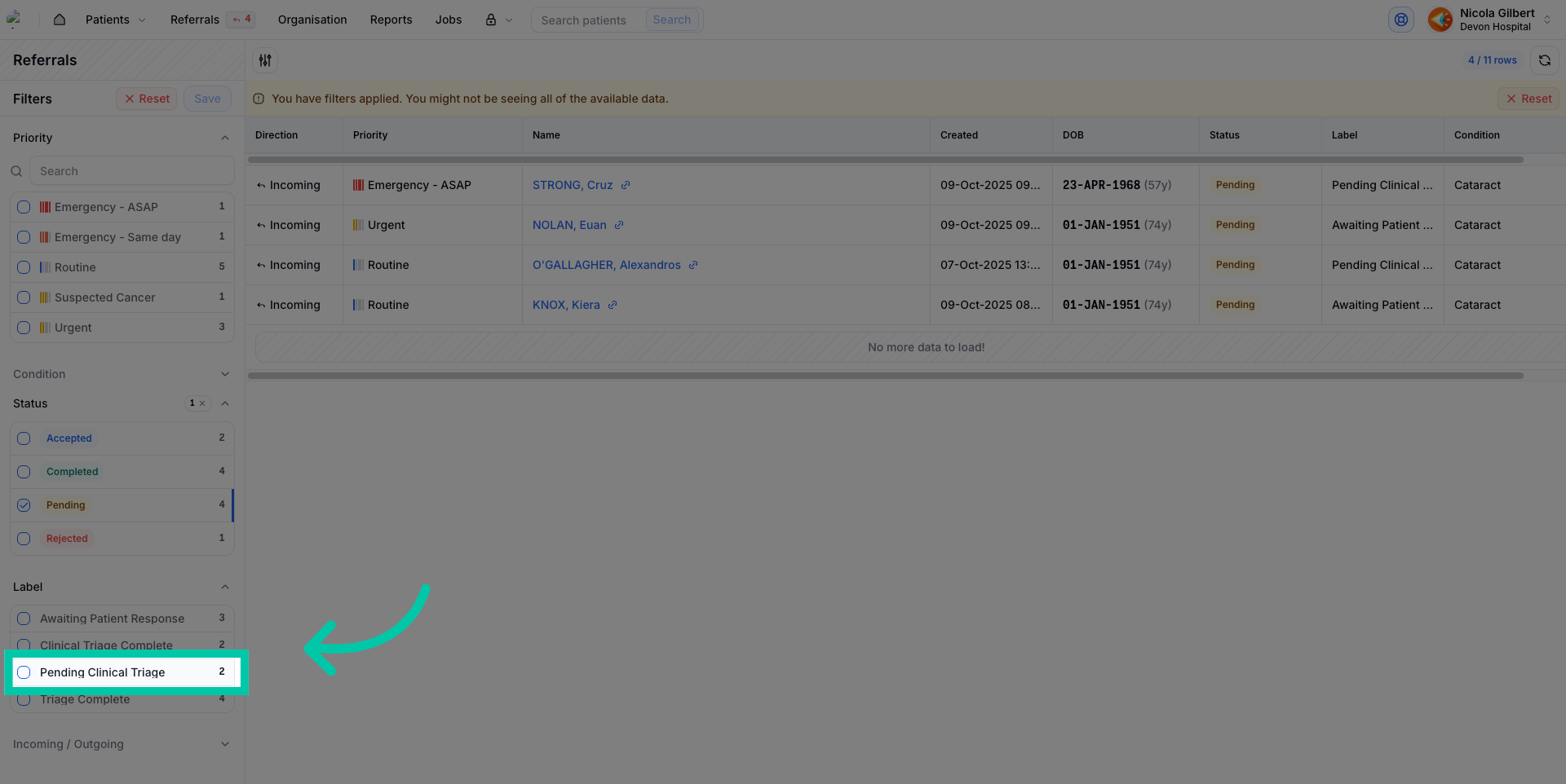 Referral status showing ‘Pending Clinical Triage’ ready for clinician review
