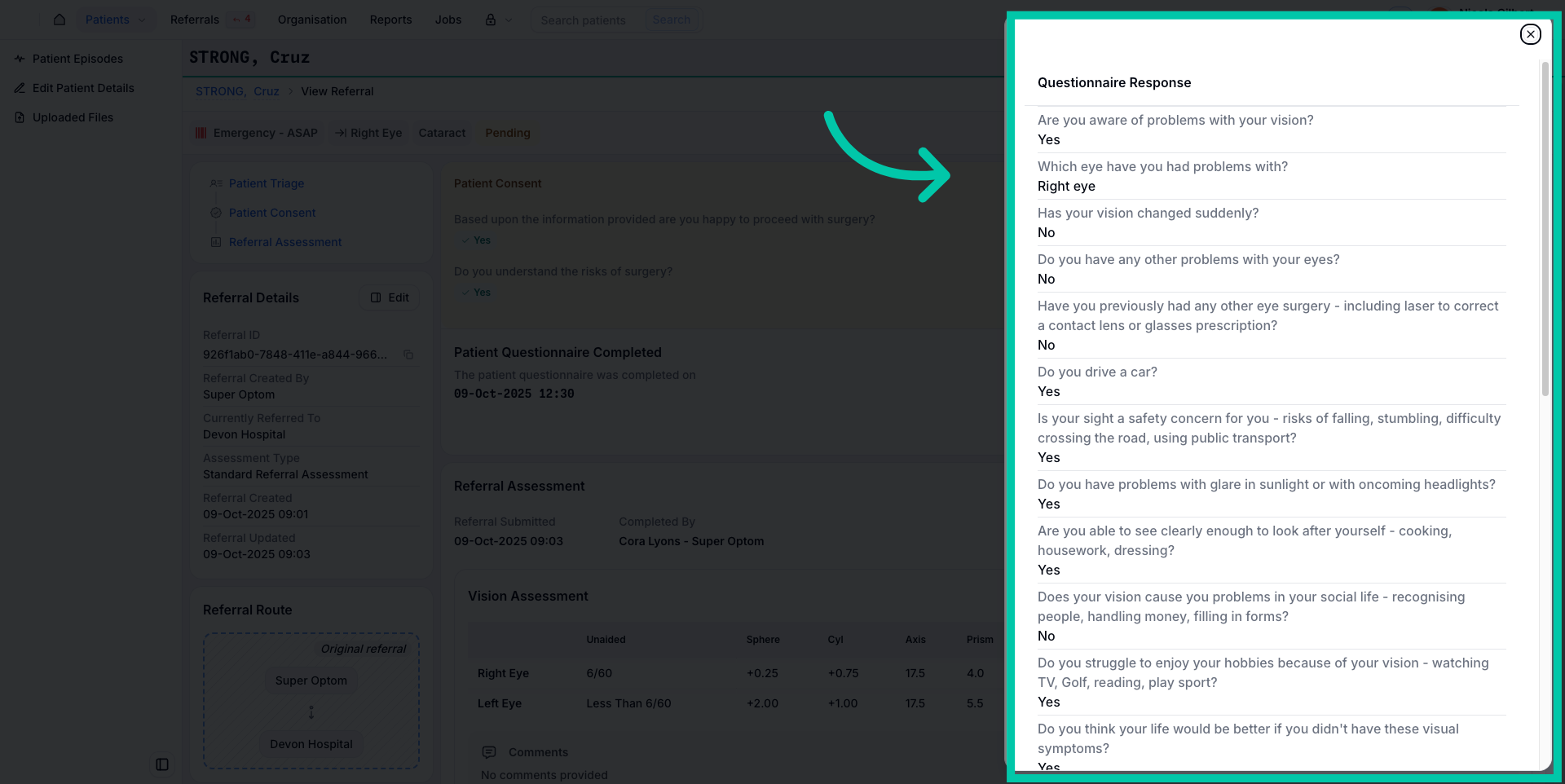 Expanded panel showing all answers to the patient’s questionnaire