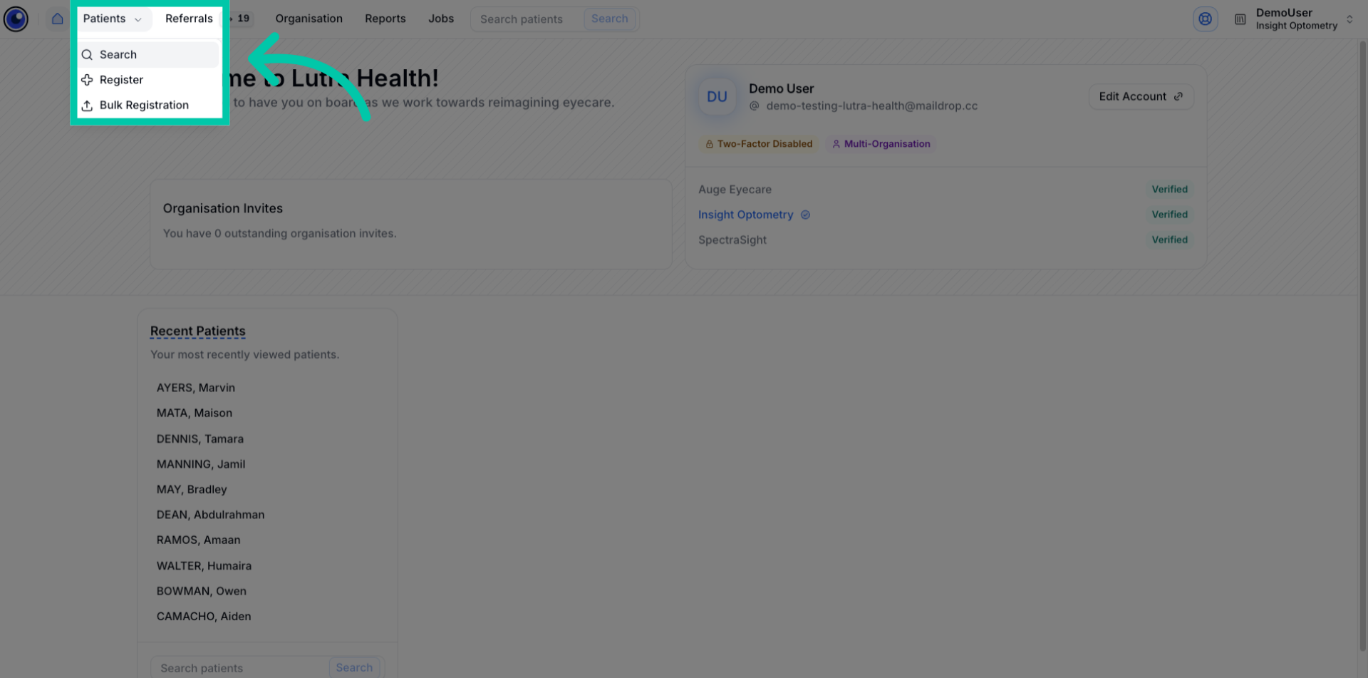 Screen showing search field to find or register a new patient record