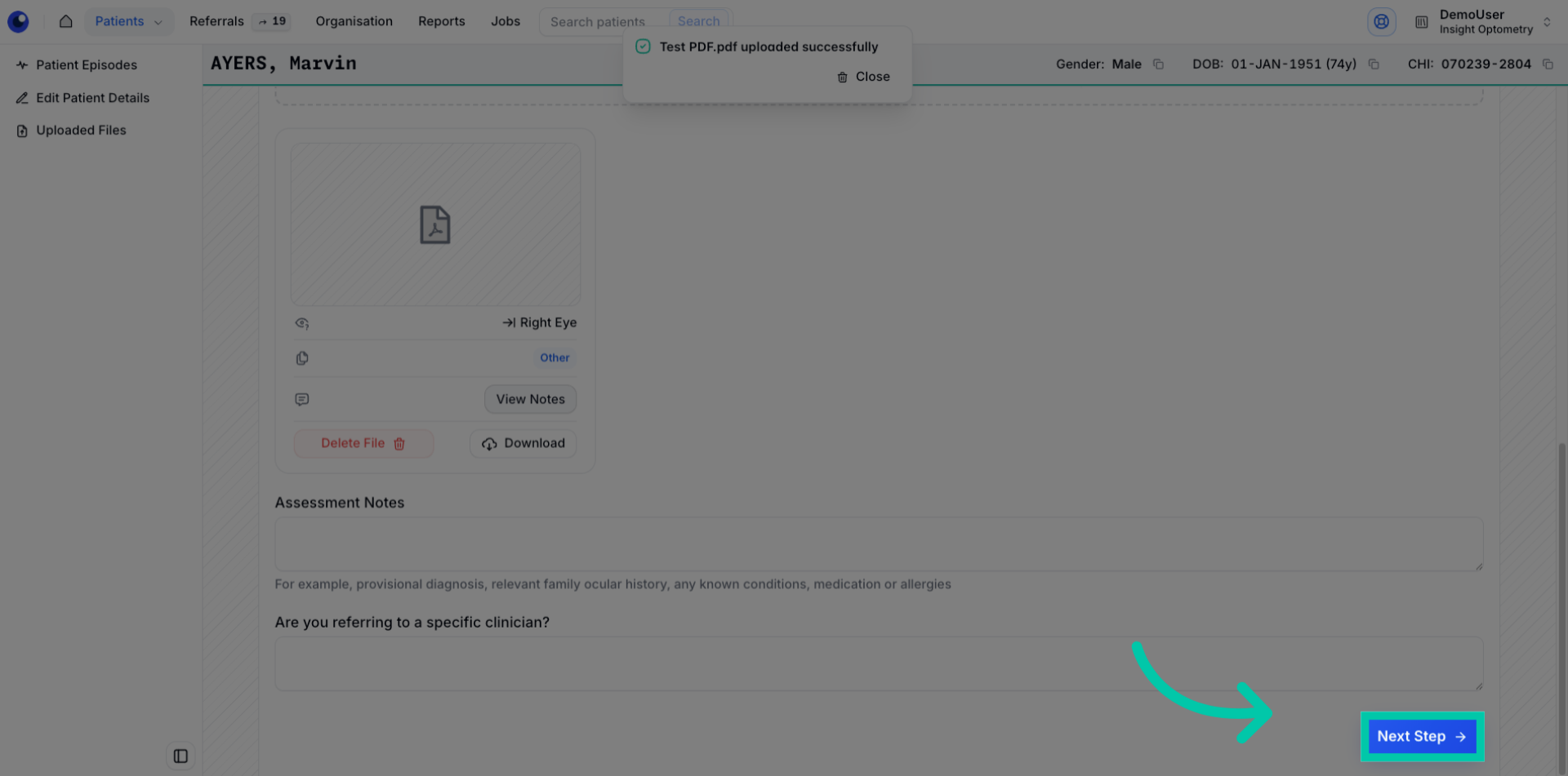 Button labelled ‘Next Step’ to proceed after completing referral details