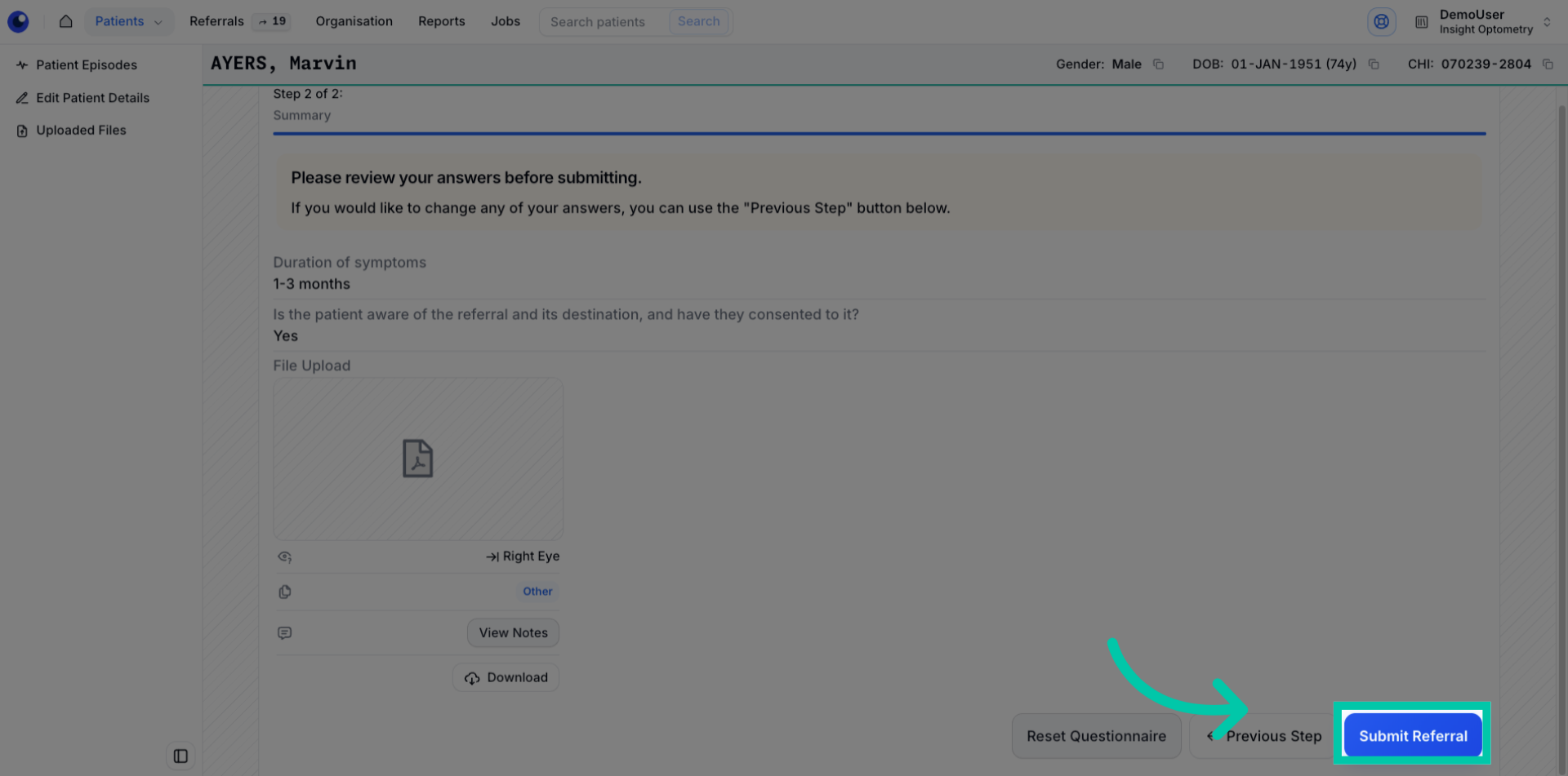 Summary review screen with a ‘Submit Referral’ button to finalise and send the referral