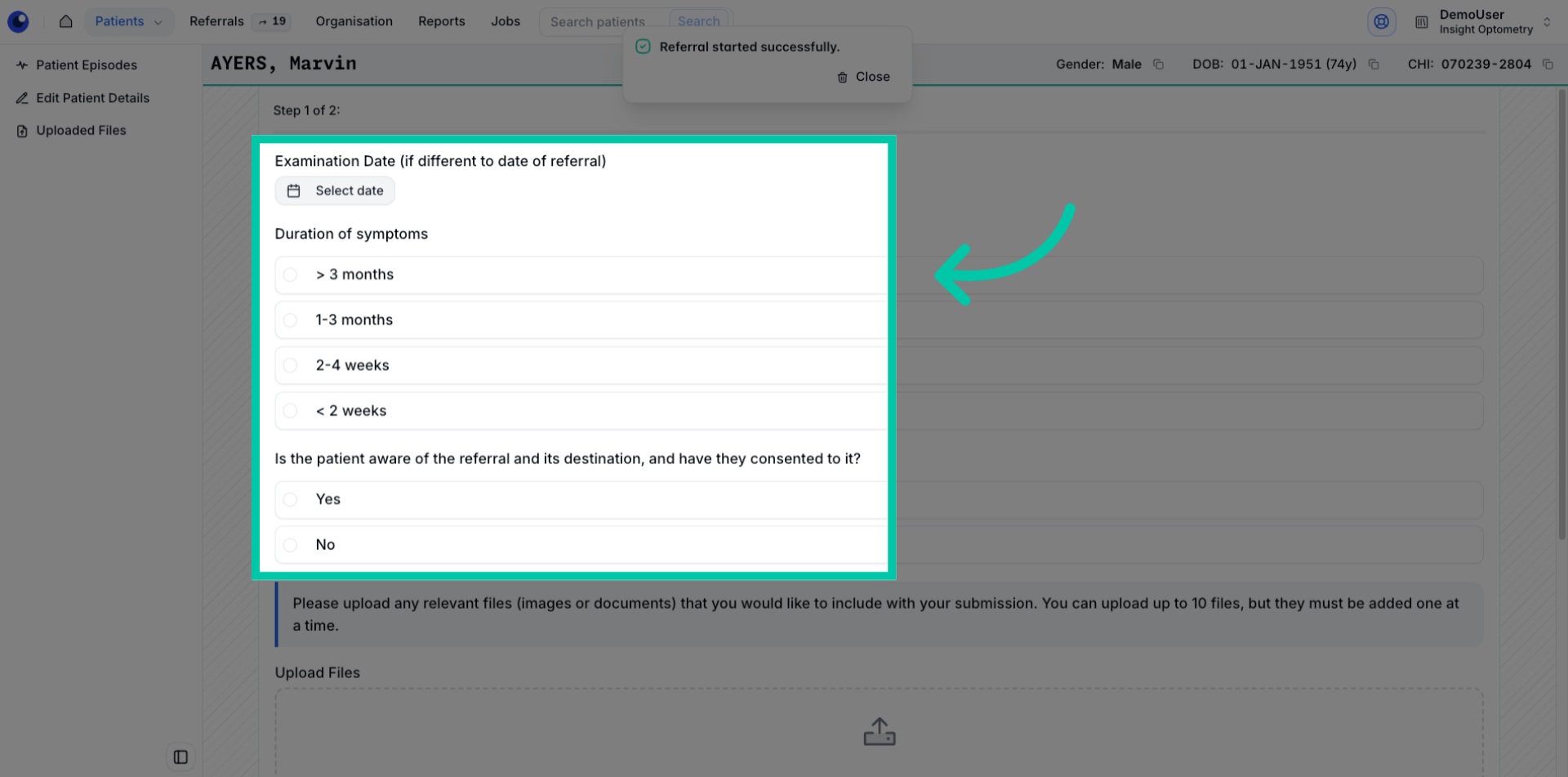 Form screen where required questions about the referral are completed