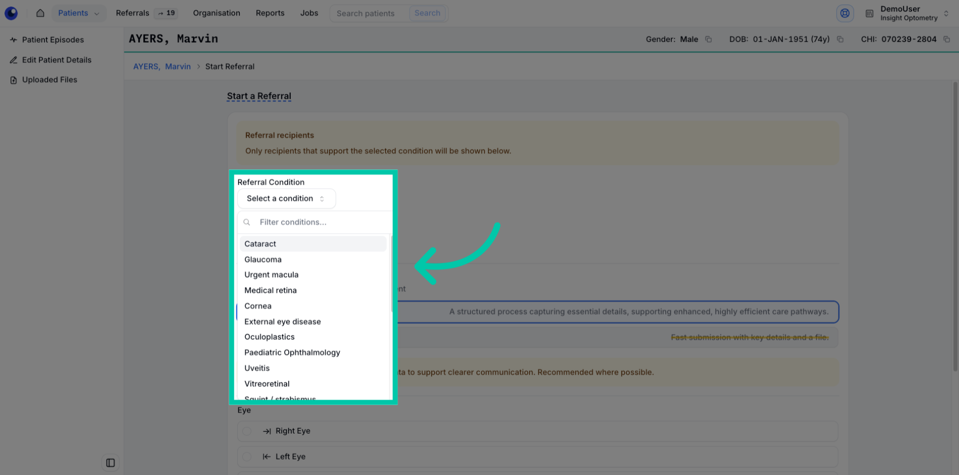 Dropdown list showing available referral conditions to choose from
