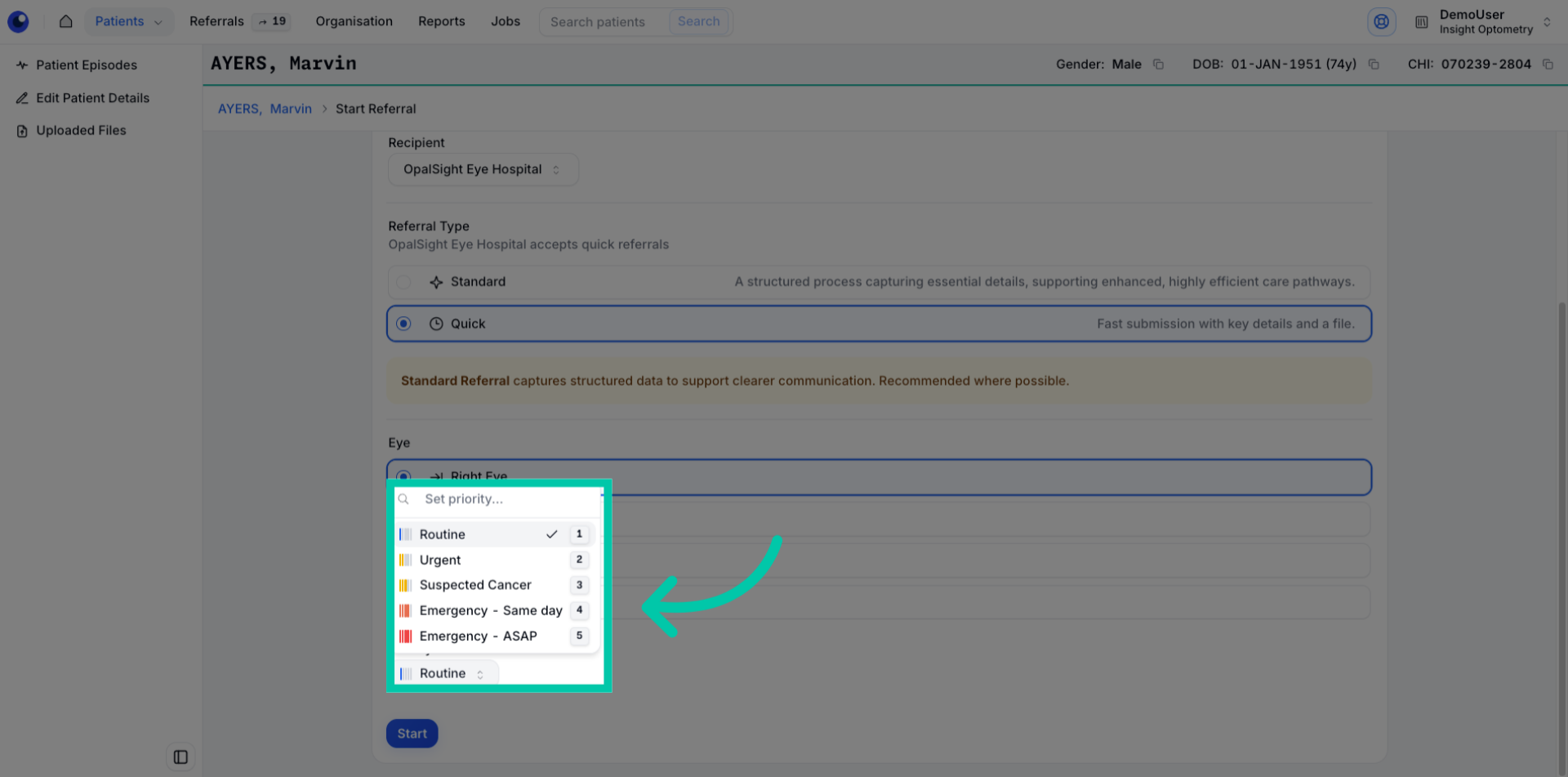 Dropdown to choose referral priority such as routine or urgent