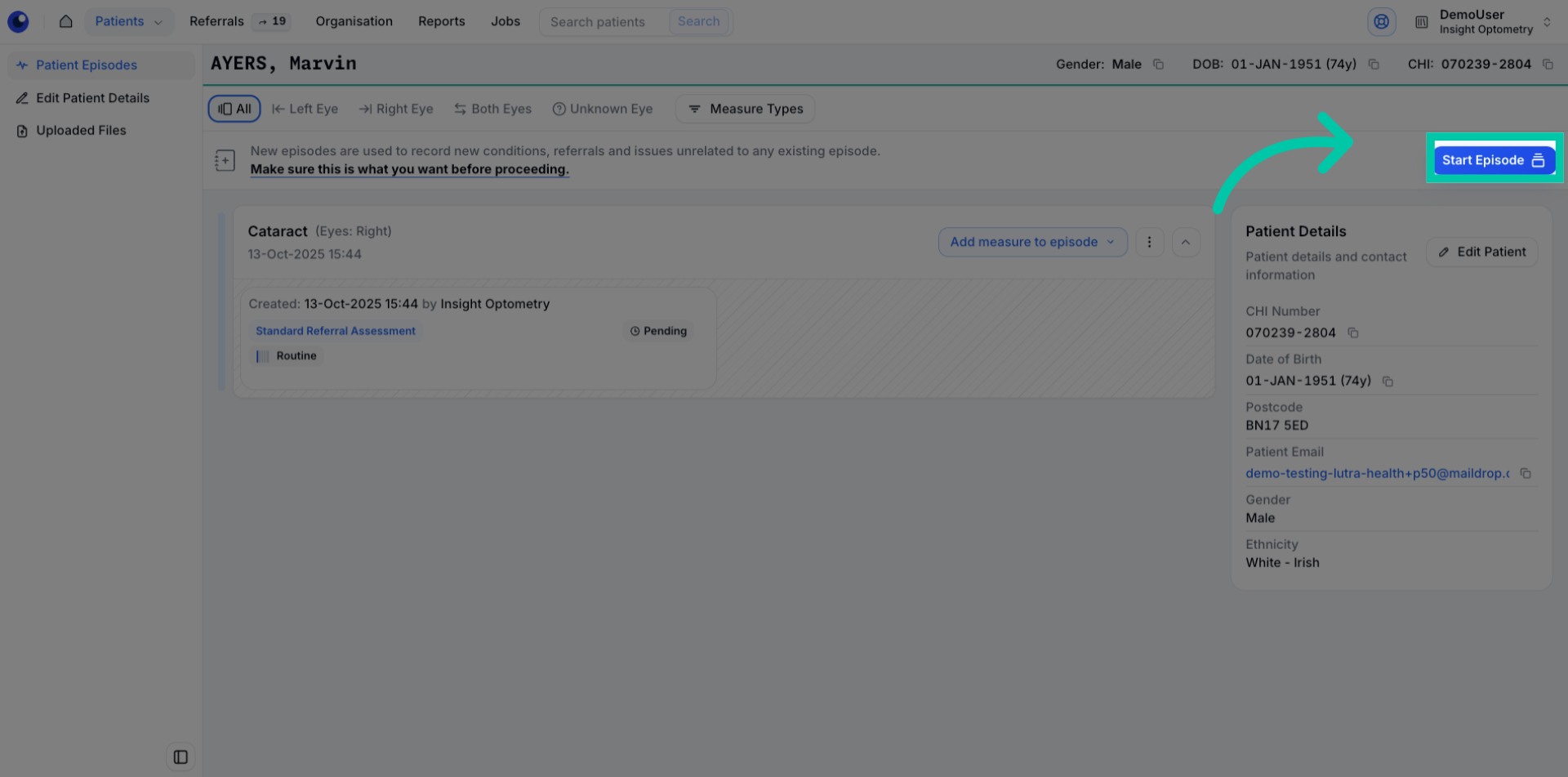Button labelled ‘Start Episode’ to begin a new clinical episode for the patient