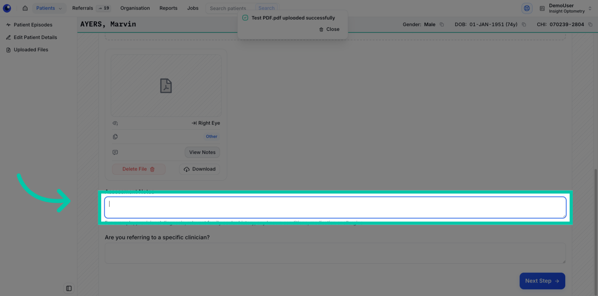 Text area for adding optional assessment notes including specific clinician details