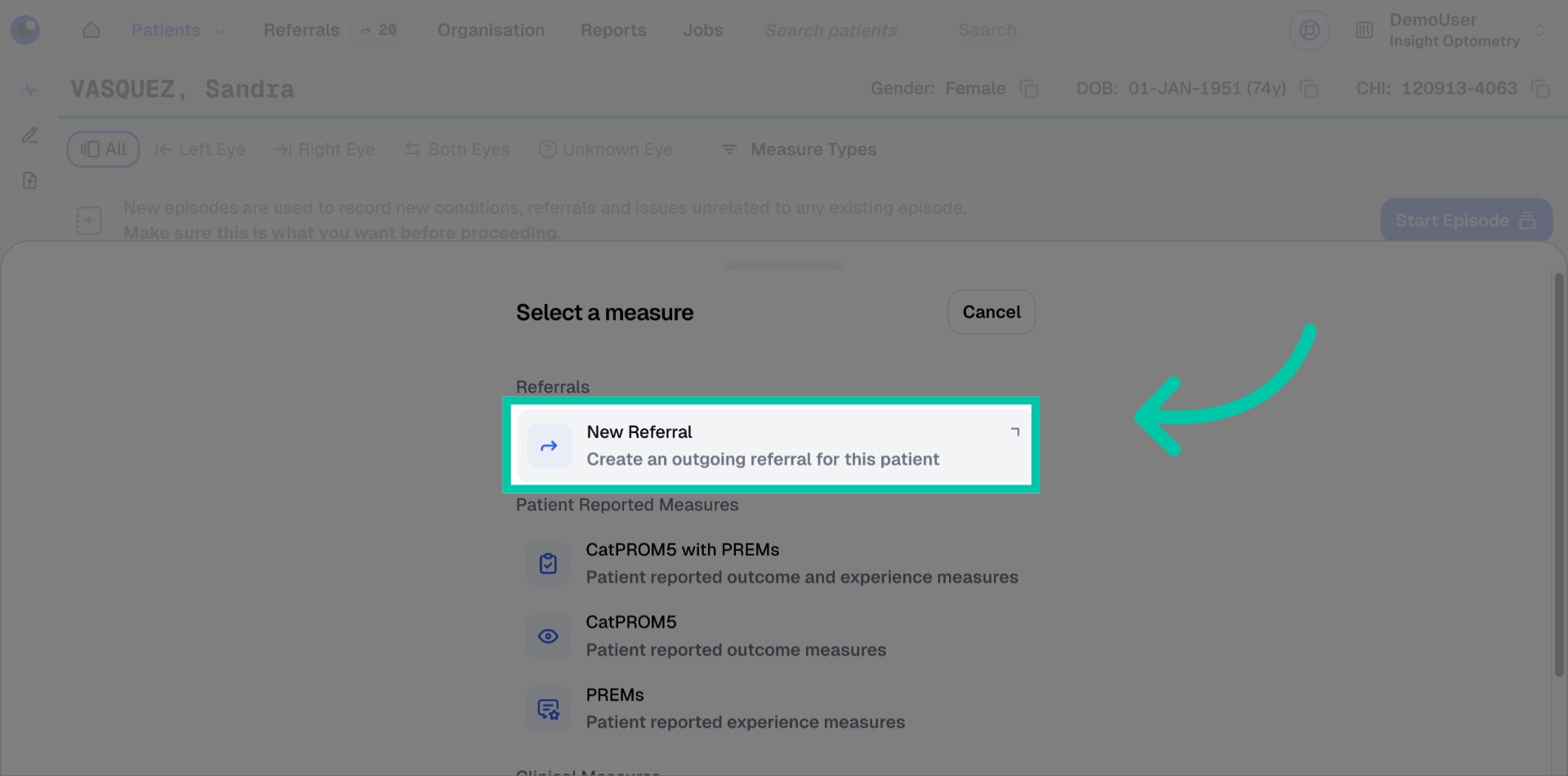 Option to click ‘New Referral’ to begin creating a standard referral