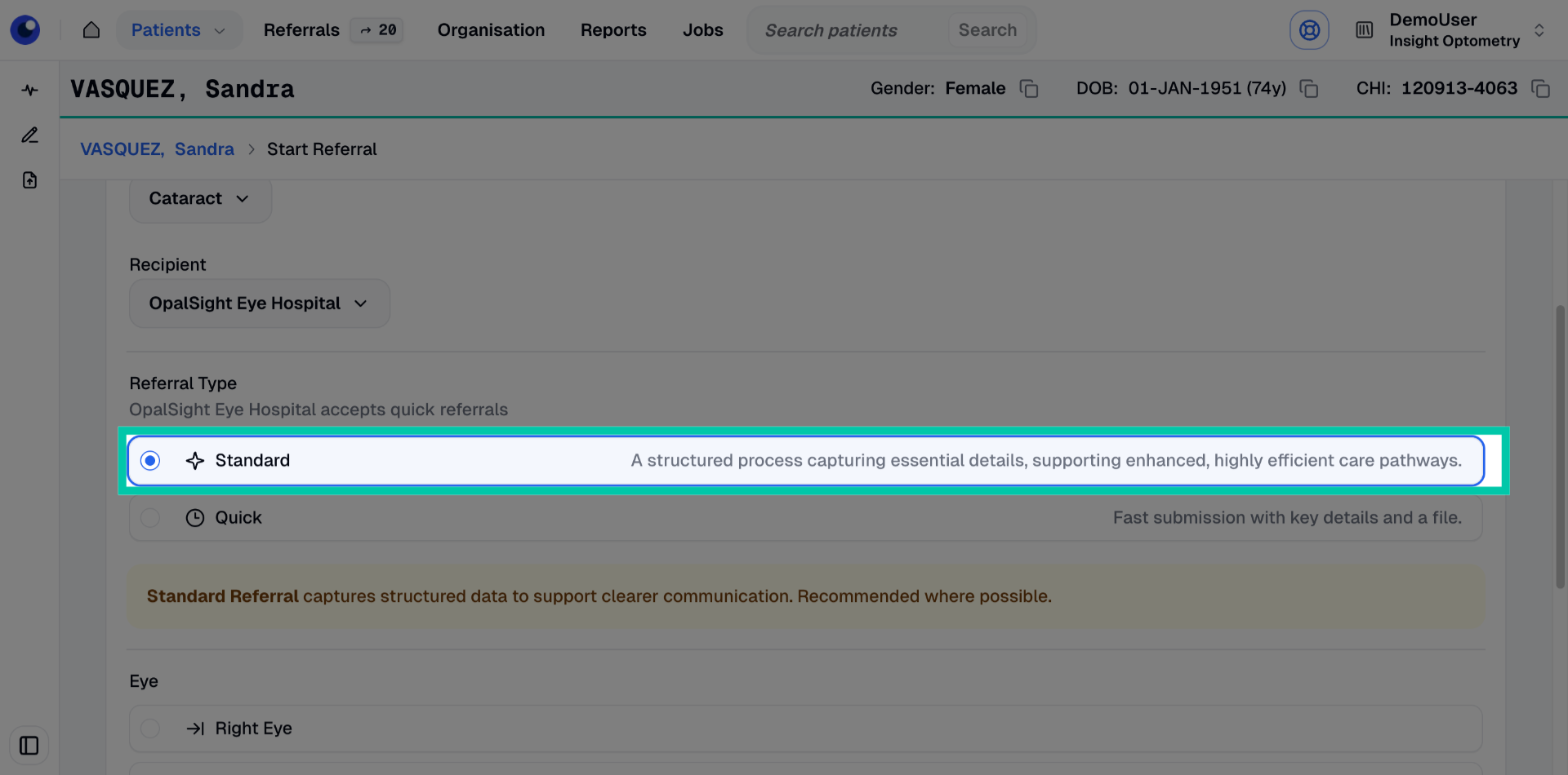 Option to choose ‘Standard’ as the referral type