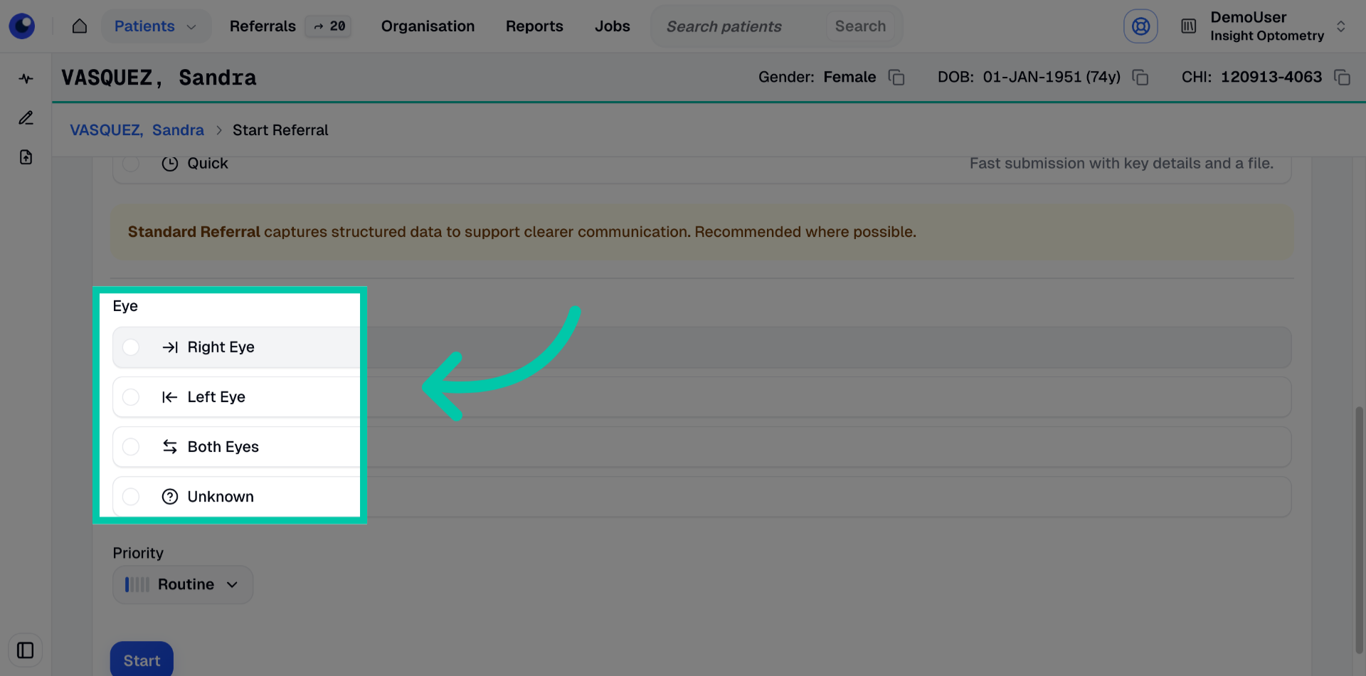 Chooser for selecting which eye the referral relates to