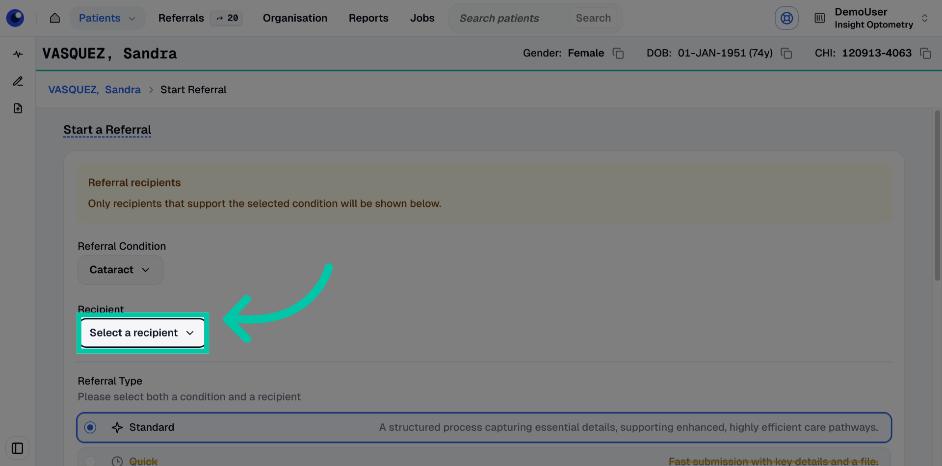 Field where user selects the recipient organisation for the referral