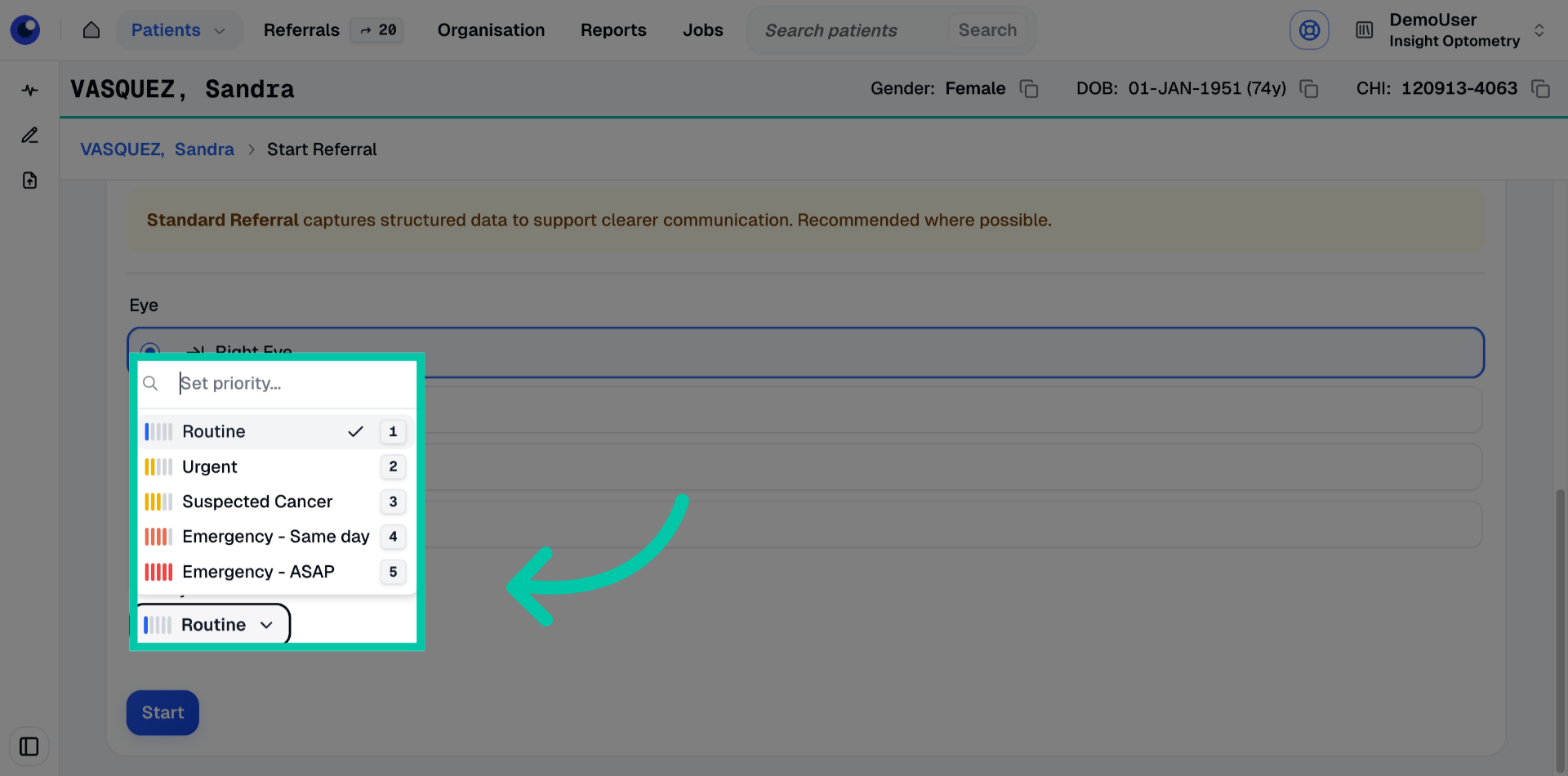 Dropdown to choose referral priority level such as urgent or routine