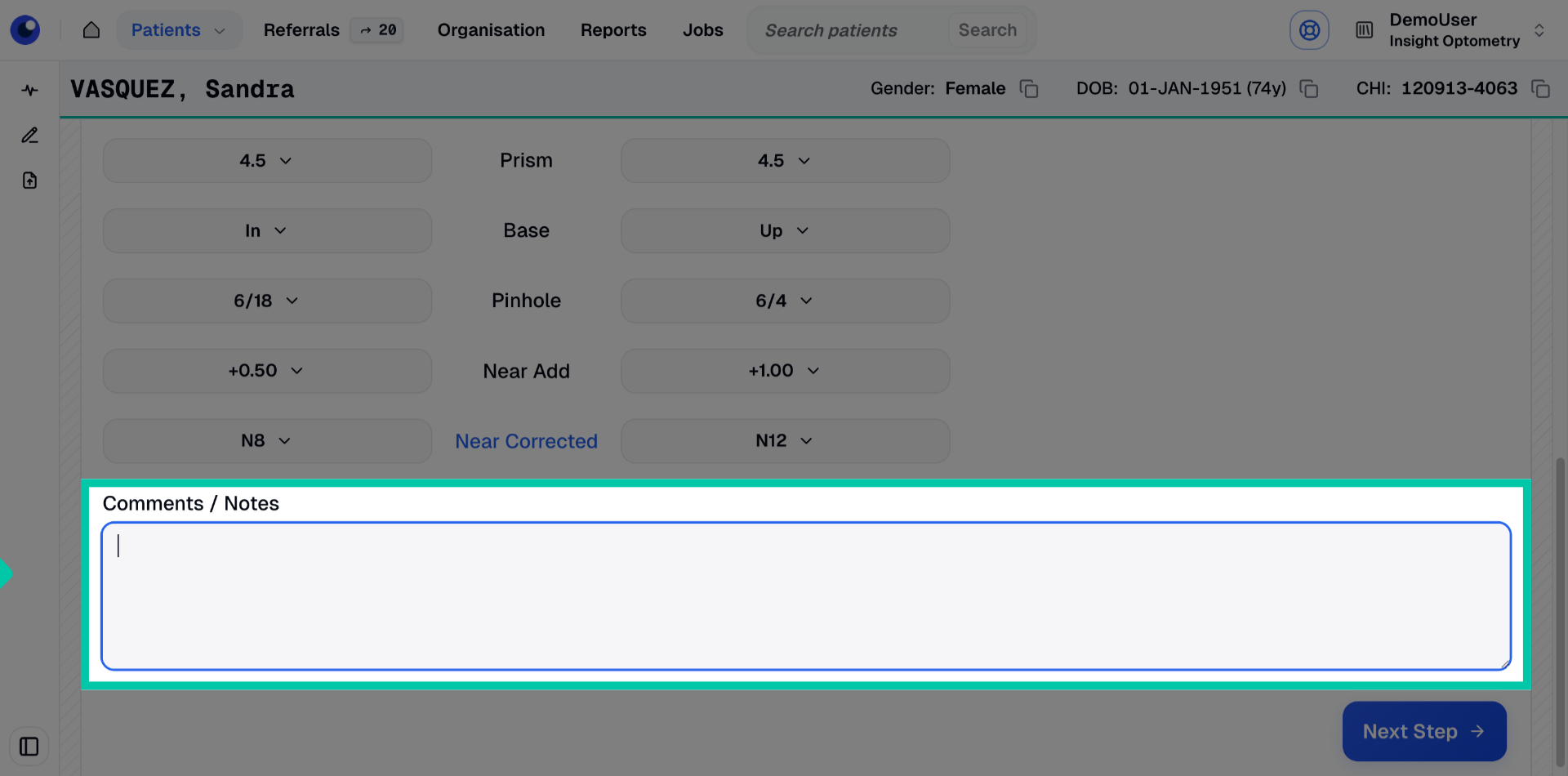 Text area for optionally entering additional clinical notes