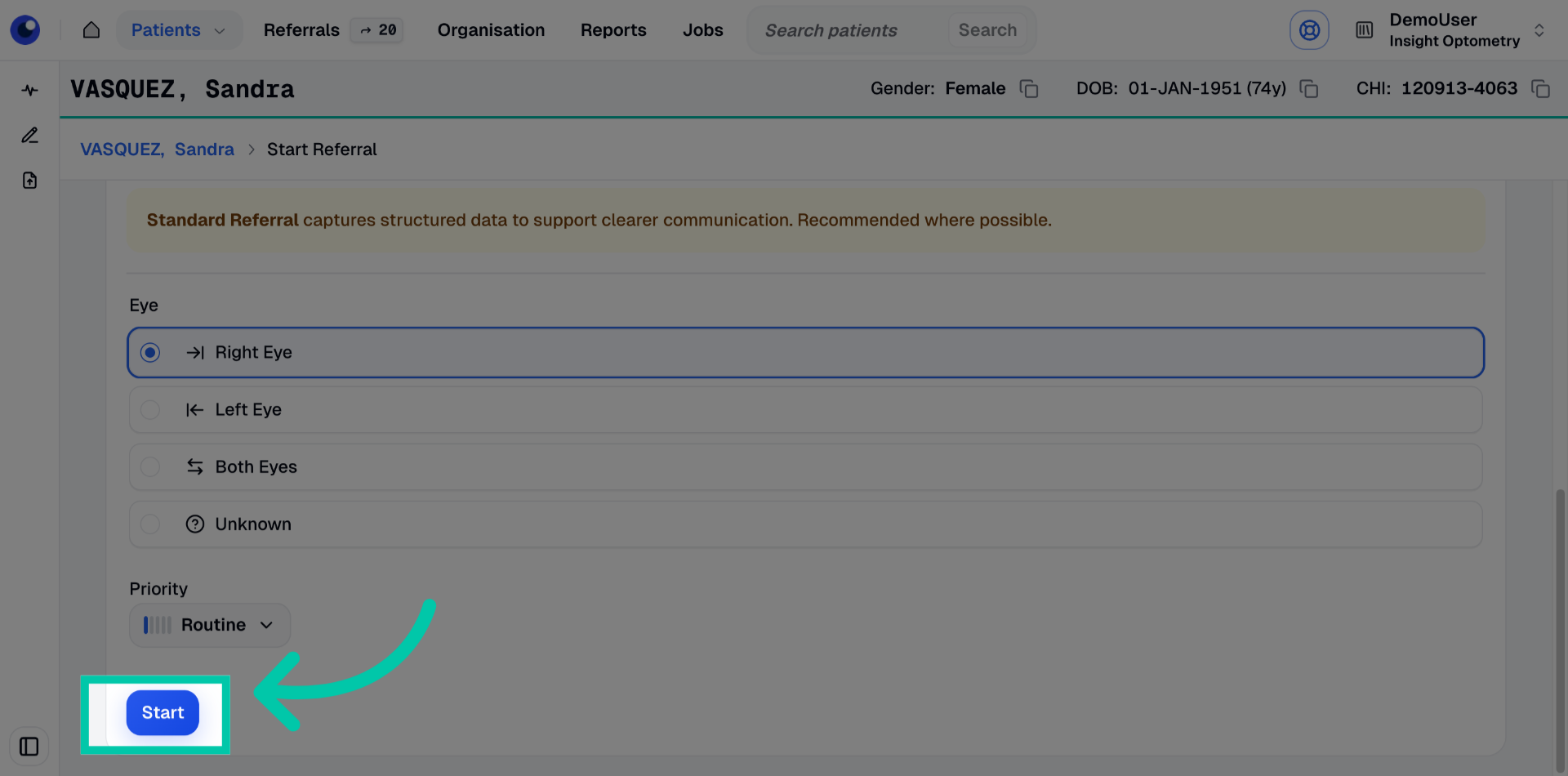 Button labelled ‘Start’ to begin filling in referral clinical details