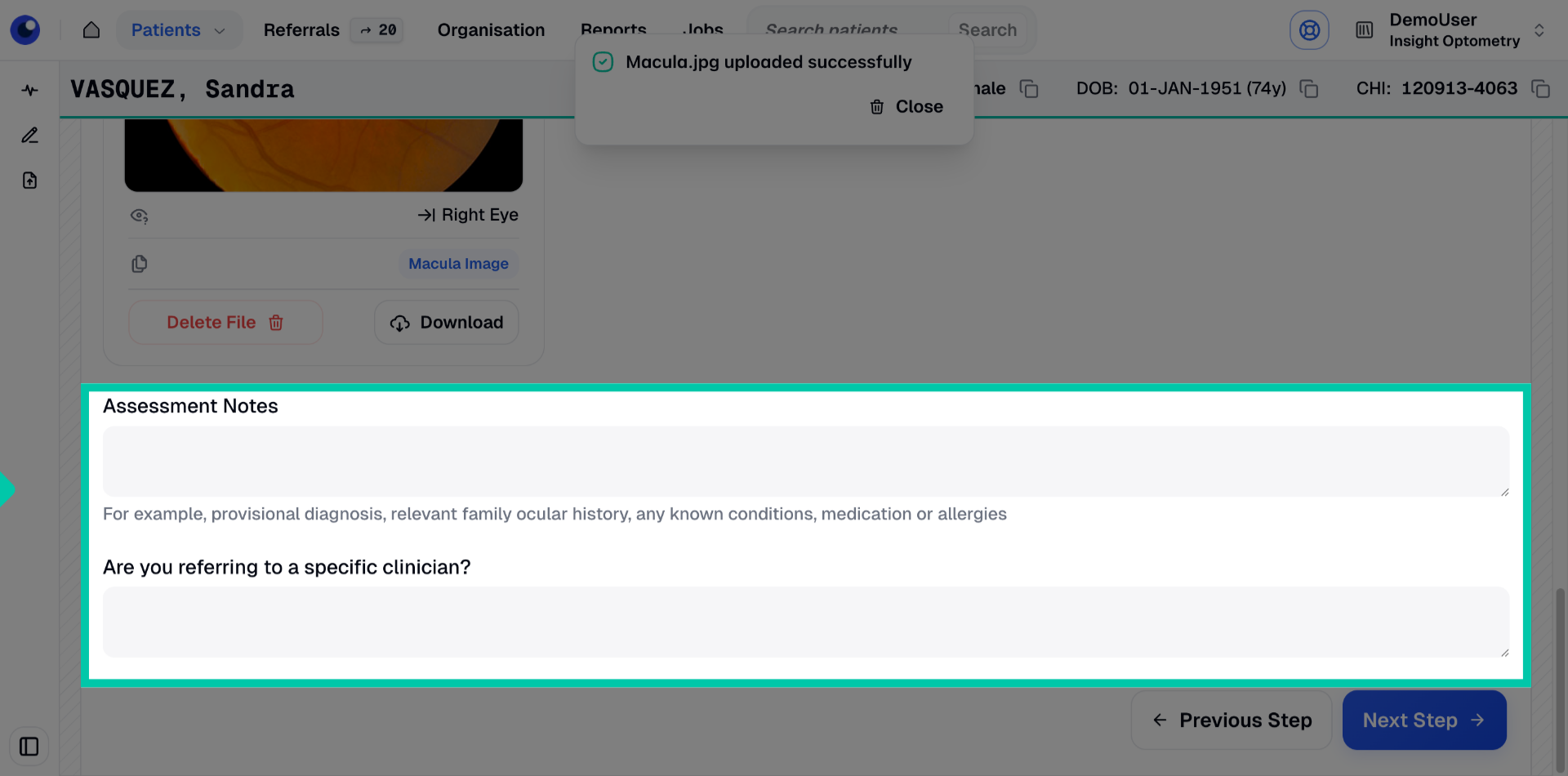 Text box for adding further assessment notes, including clinician referral if needed