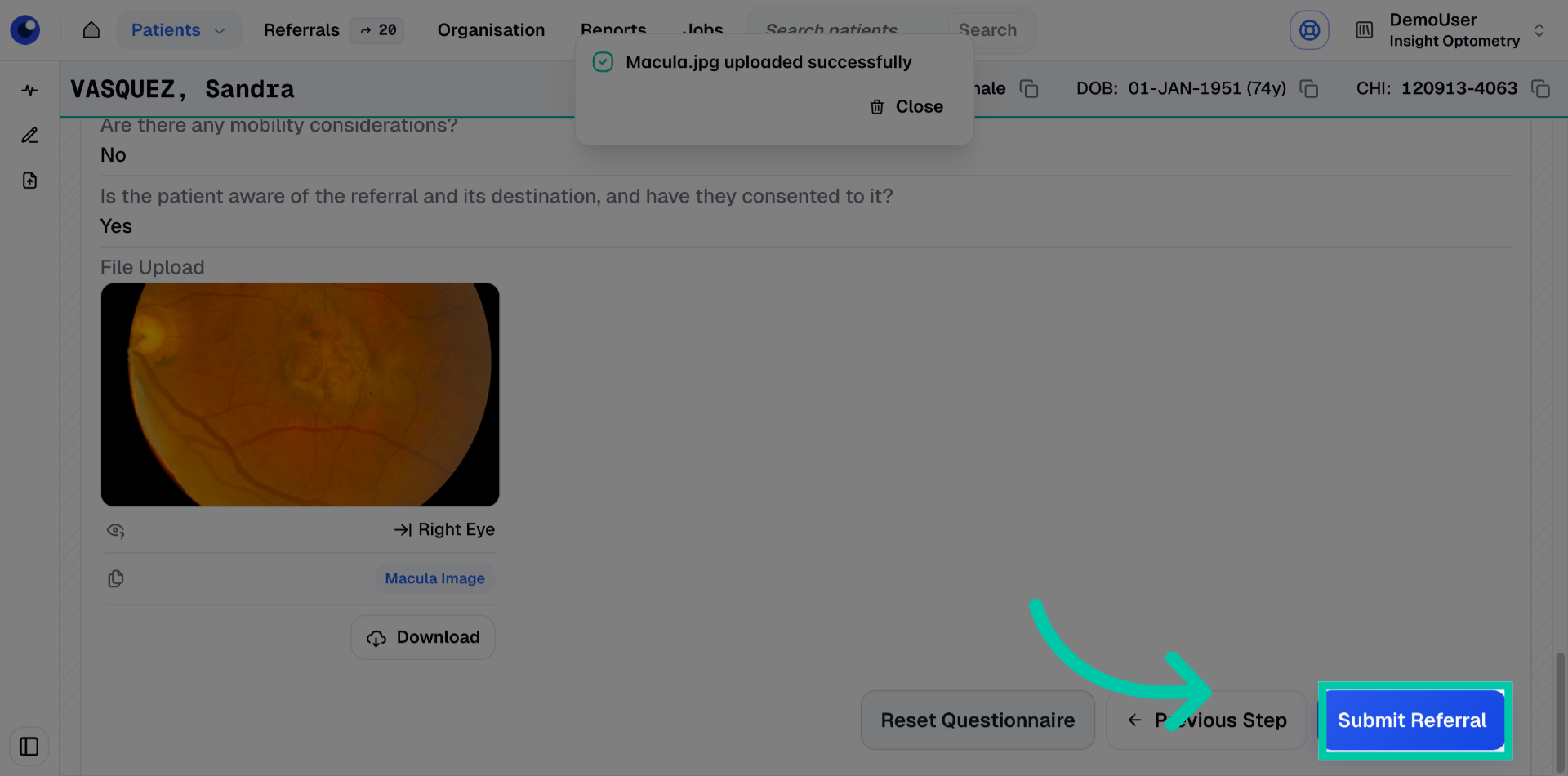 Referral summary screen with ‘Submit Referral’ button to complete submission
