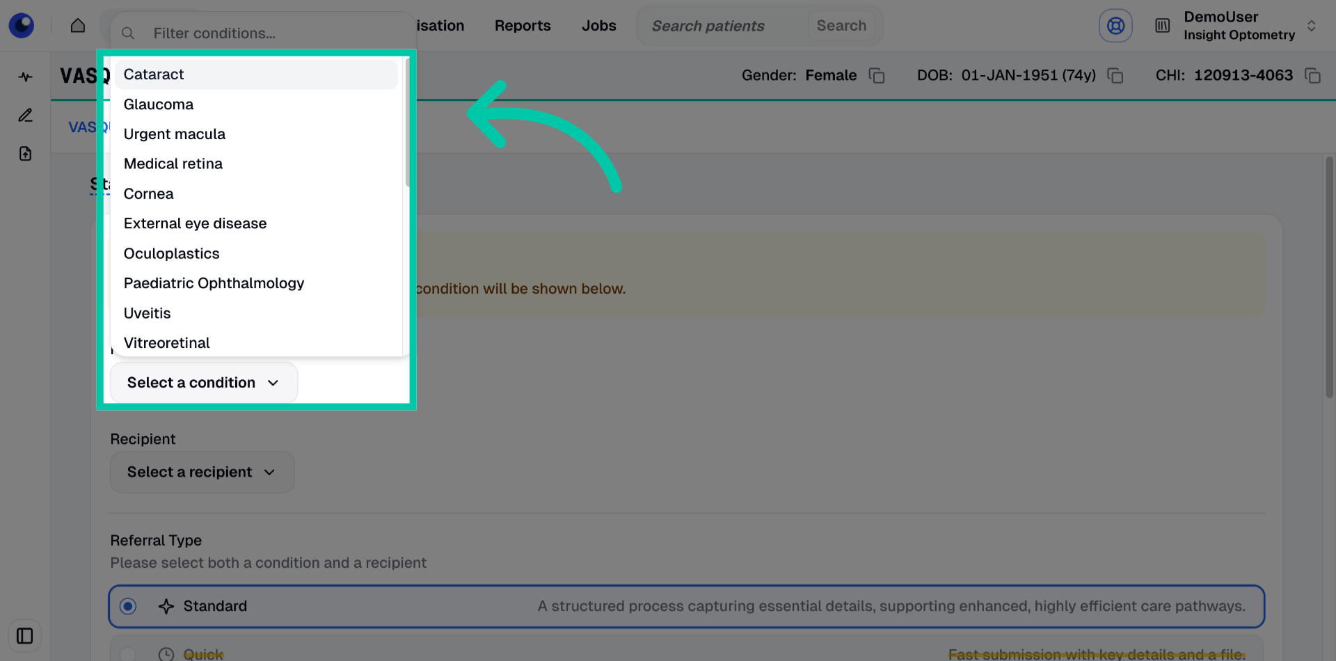 Dropdown list showing available referral conditions to select from
