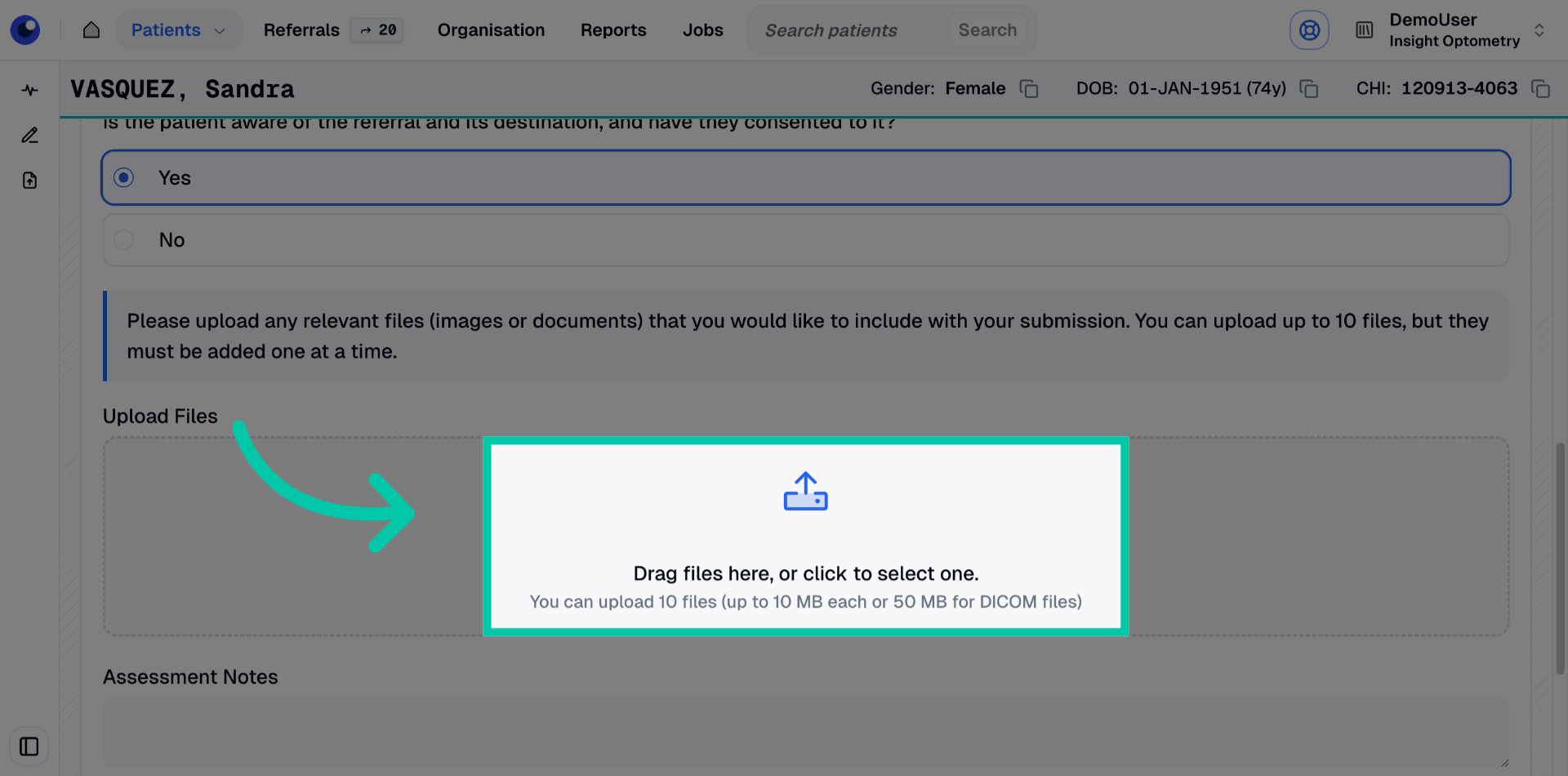 Button/area to upload files such as images or documents to the referral