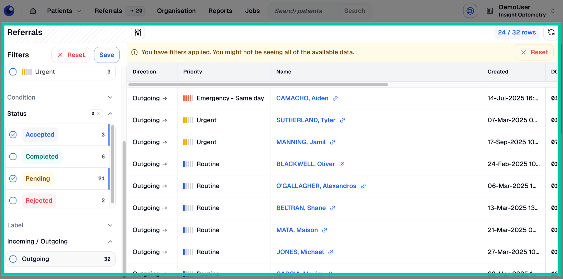 Referrals list view showing outgoing standard referrals submitted from the organisation