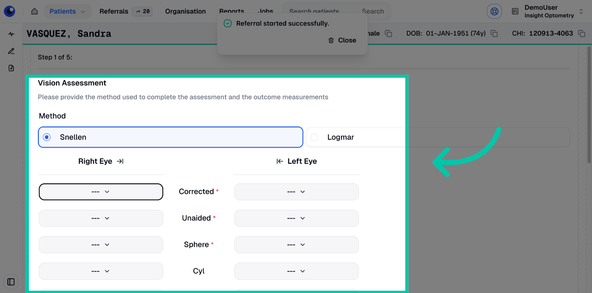 Form section showing fields for entering vision assessment measurements