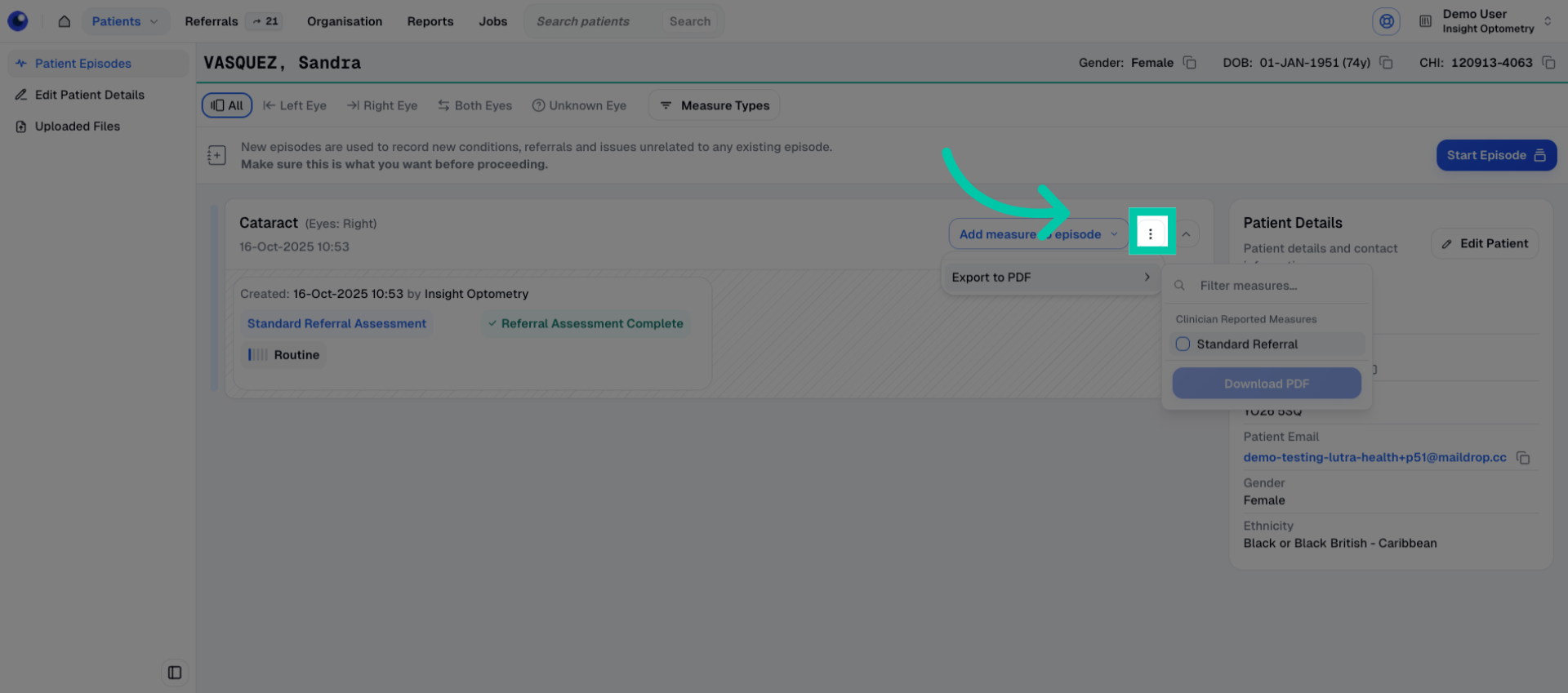 Patient record screen with three-dot menu on an episode highlighted to access export options