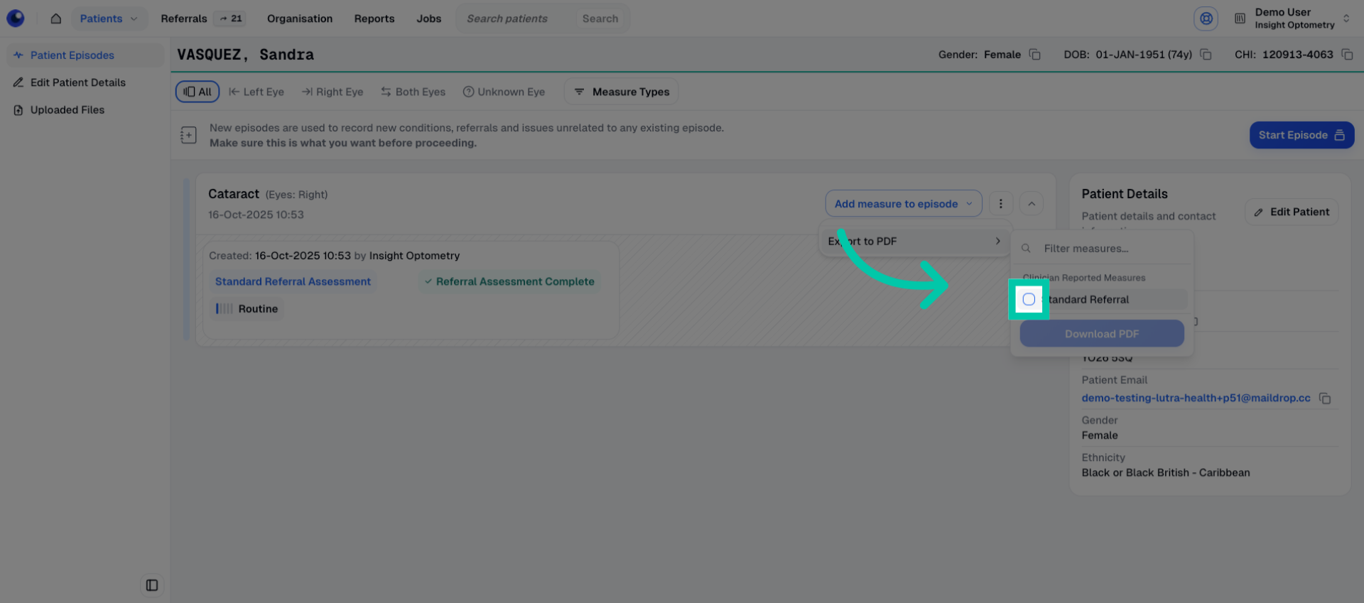 Episode export interface showing selectable measures to include in the PDF