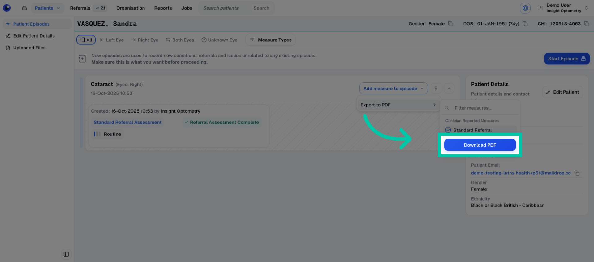 Button labelled ‘Download PDF’ to save the selected episode measures as a PDF