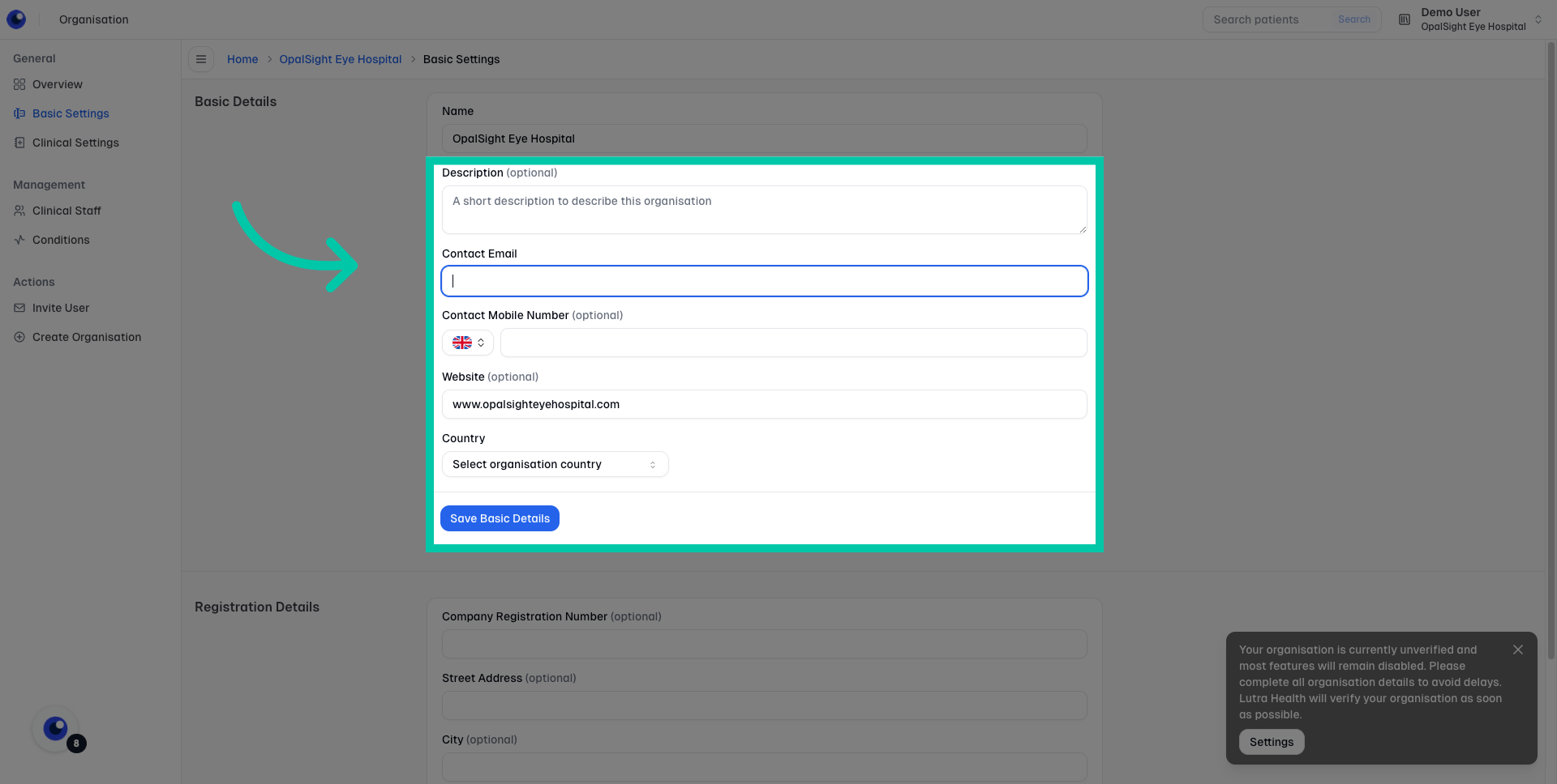 Basic settings form including contact email, website, country and description fields