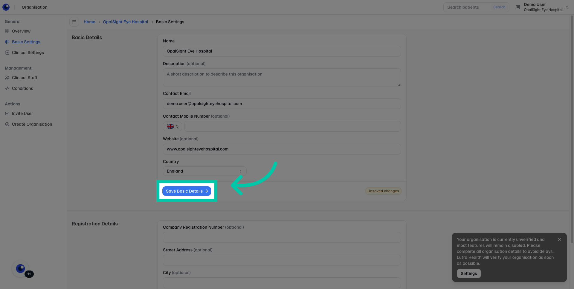 Button labelled ‘Save’ to save basic organisation details