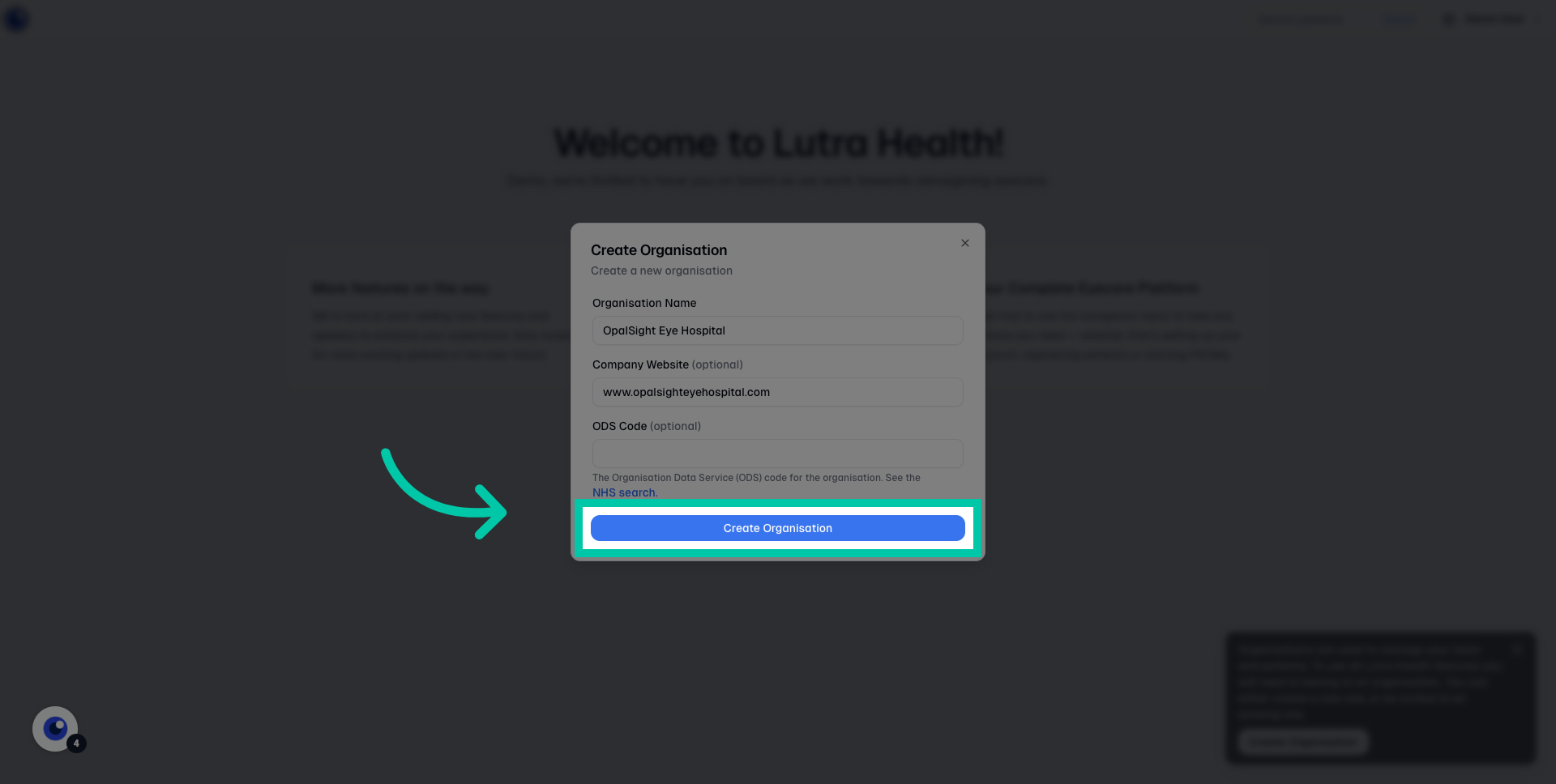 Button labelled ‘Create Organisation’ to start setting up the organisation