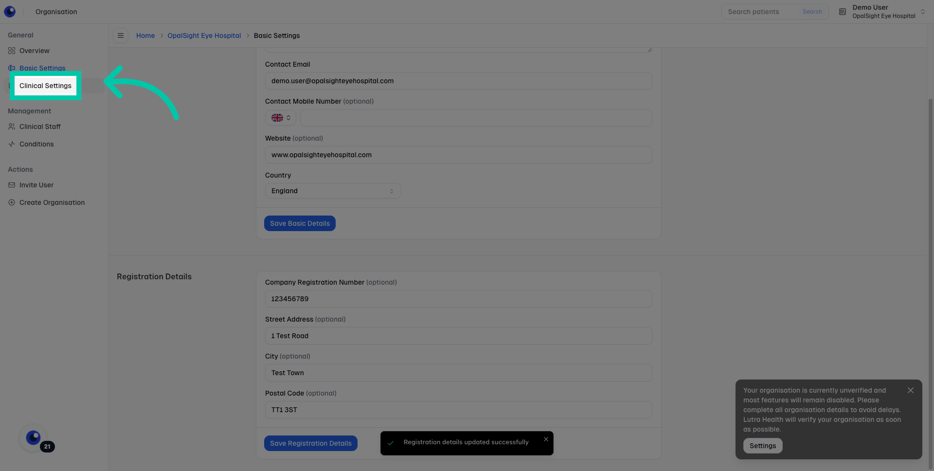Clinical settings option highlighted in organisation settings menu