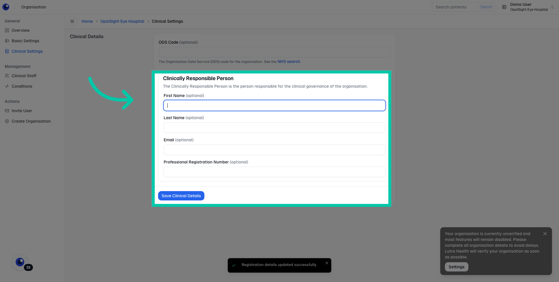 Form fields for clinician’s name, email address and professional registration number