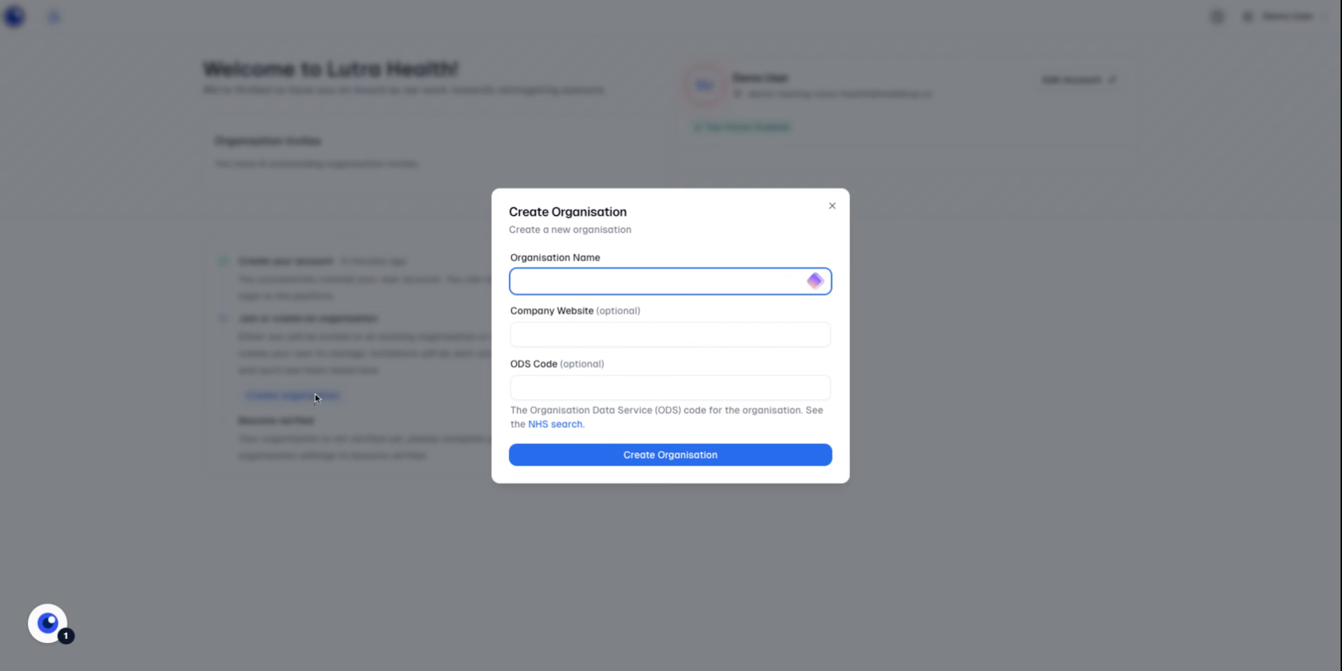 Form field for entering organisation name with optional website and ODS code