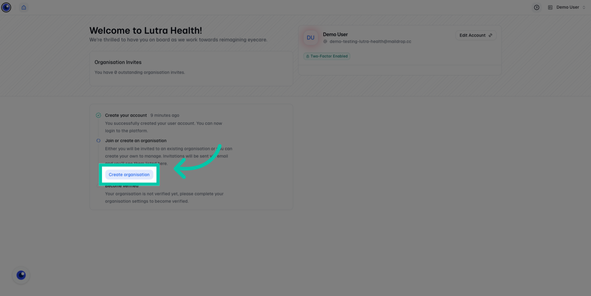 Screenshot showing the Lutra Health dashboard with the ‘Create Organisation’ button highlighted