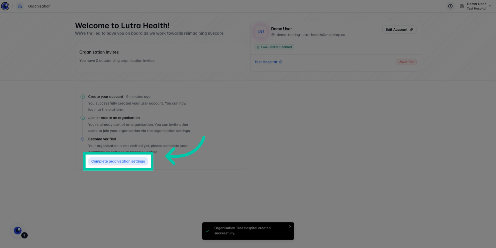 Organisation overview screen with settings option highlighted