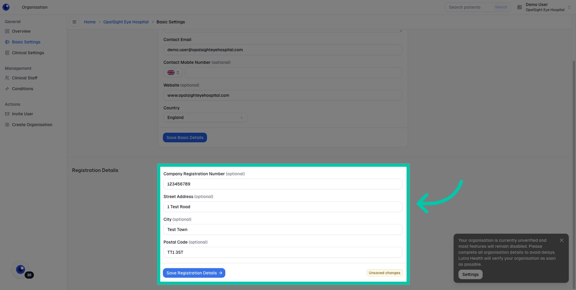 Form section for entering company registration number and address