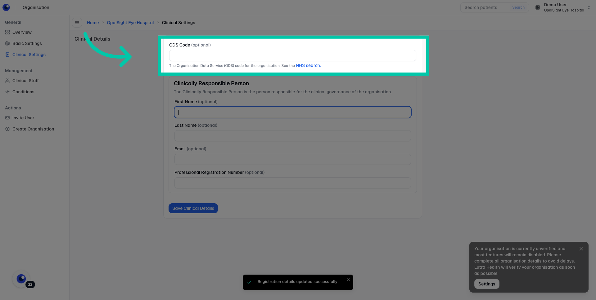Field to enter NHS ODS code for the organisation